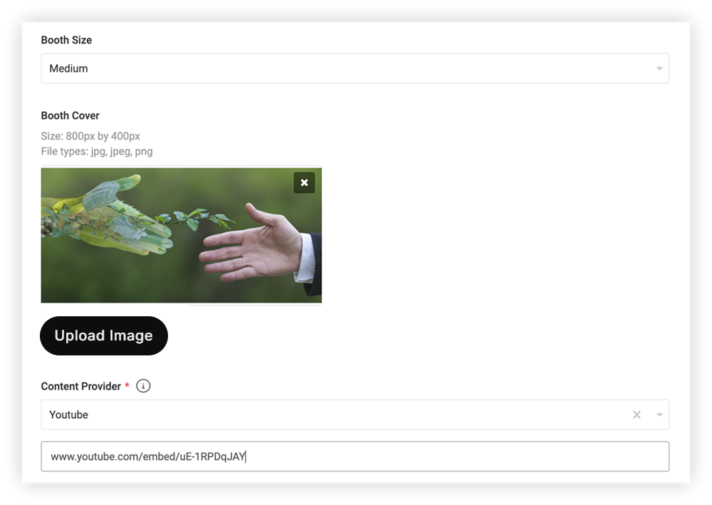 The Booth Size, Booth Cover, and Content Provider areas of the Add Item modal.