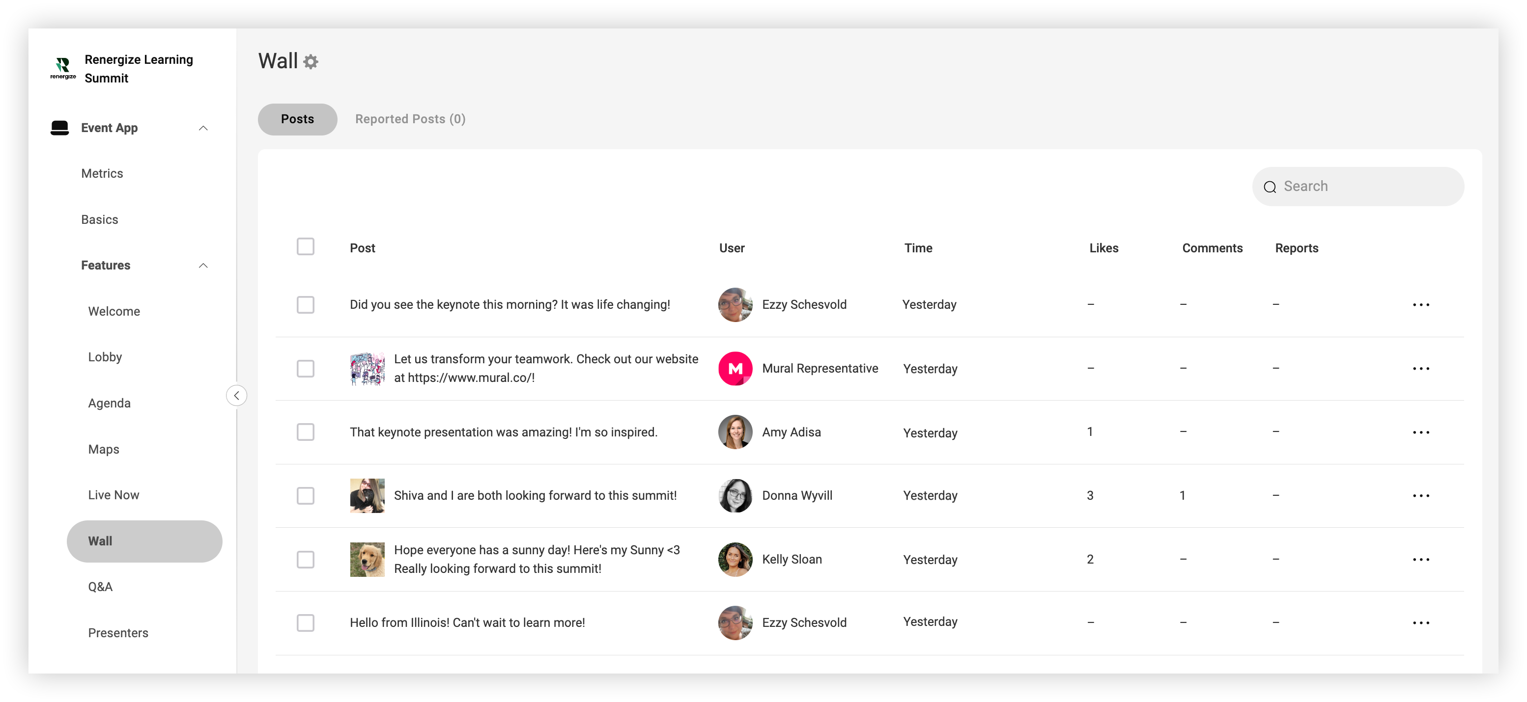 An Event App's Wall feature page in the Webex Events platform.