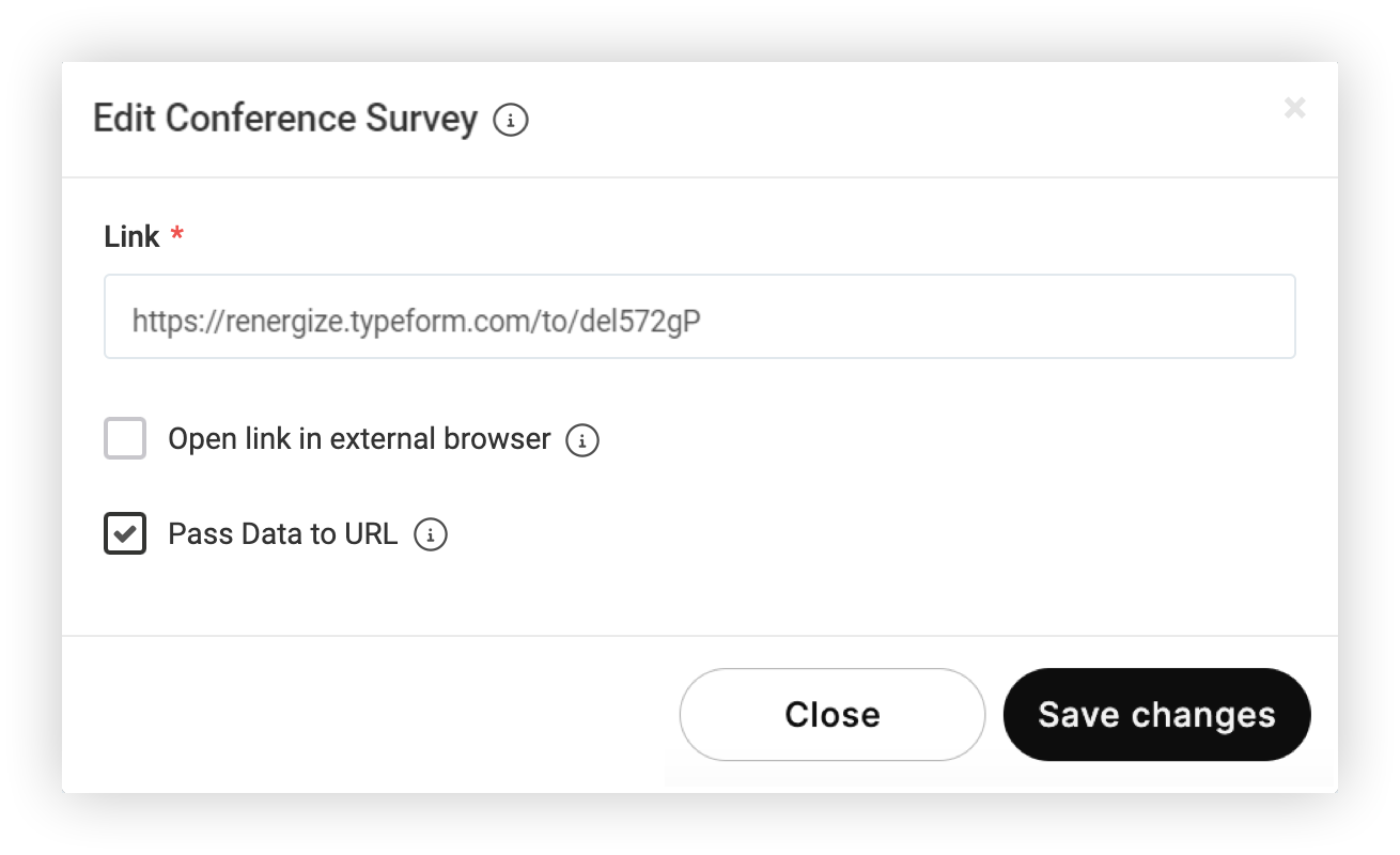 The Edit Web Link modal. A Typeform link has been entered.
