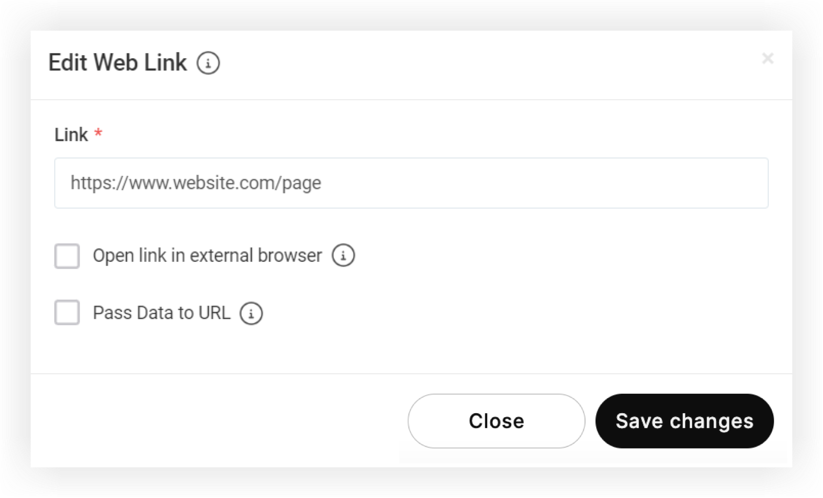 The Edit Web Link modal with a link filled in and both boxes just mentioned
              unchecked.