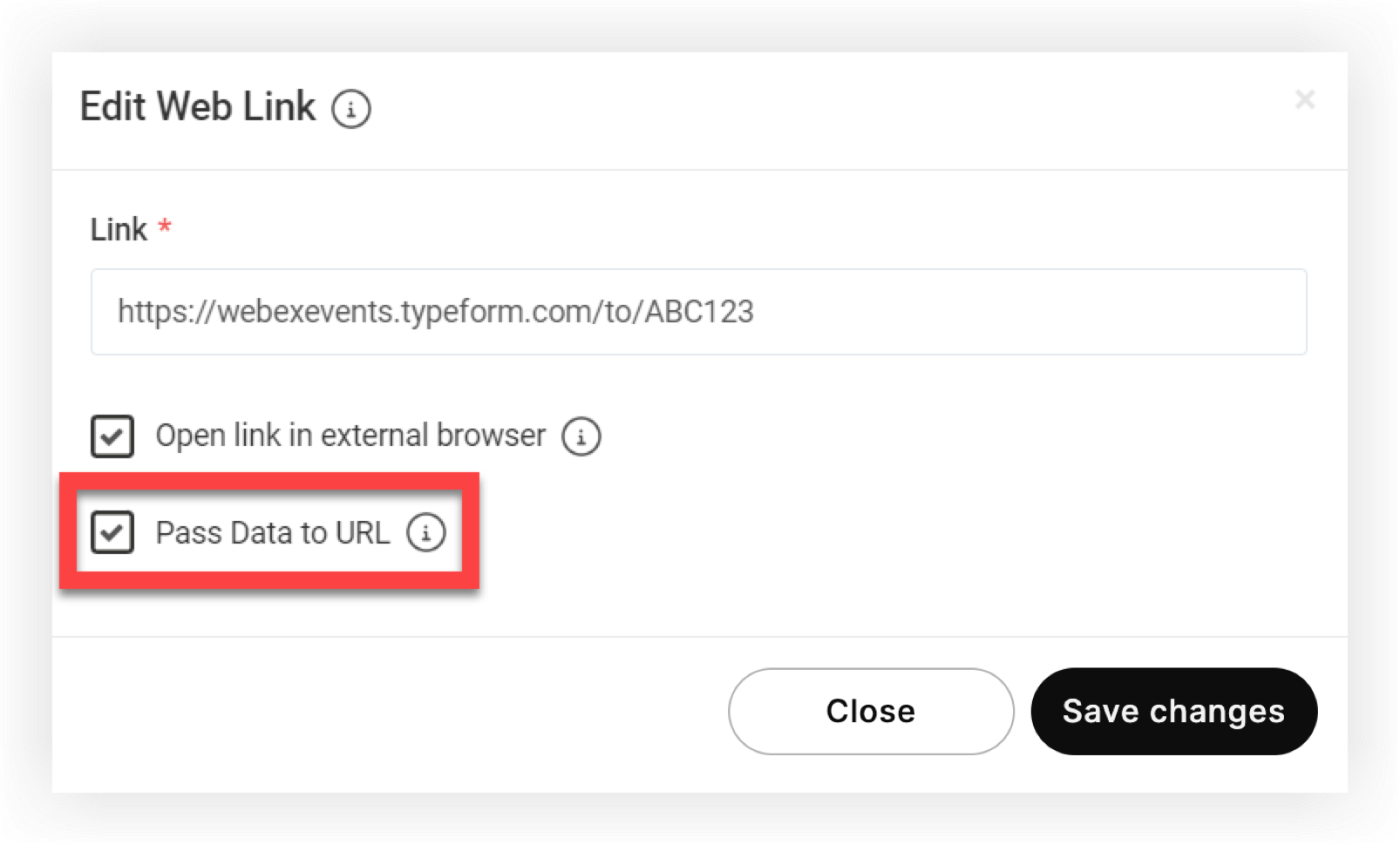 The Pass Data to URL checkbox in the Edit Web Link modal.