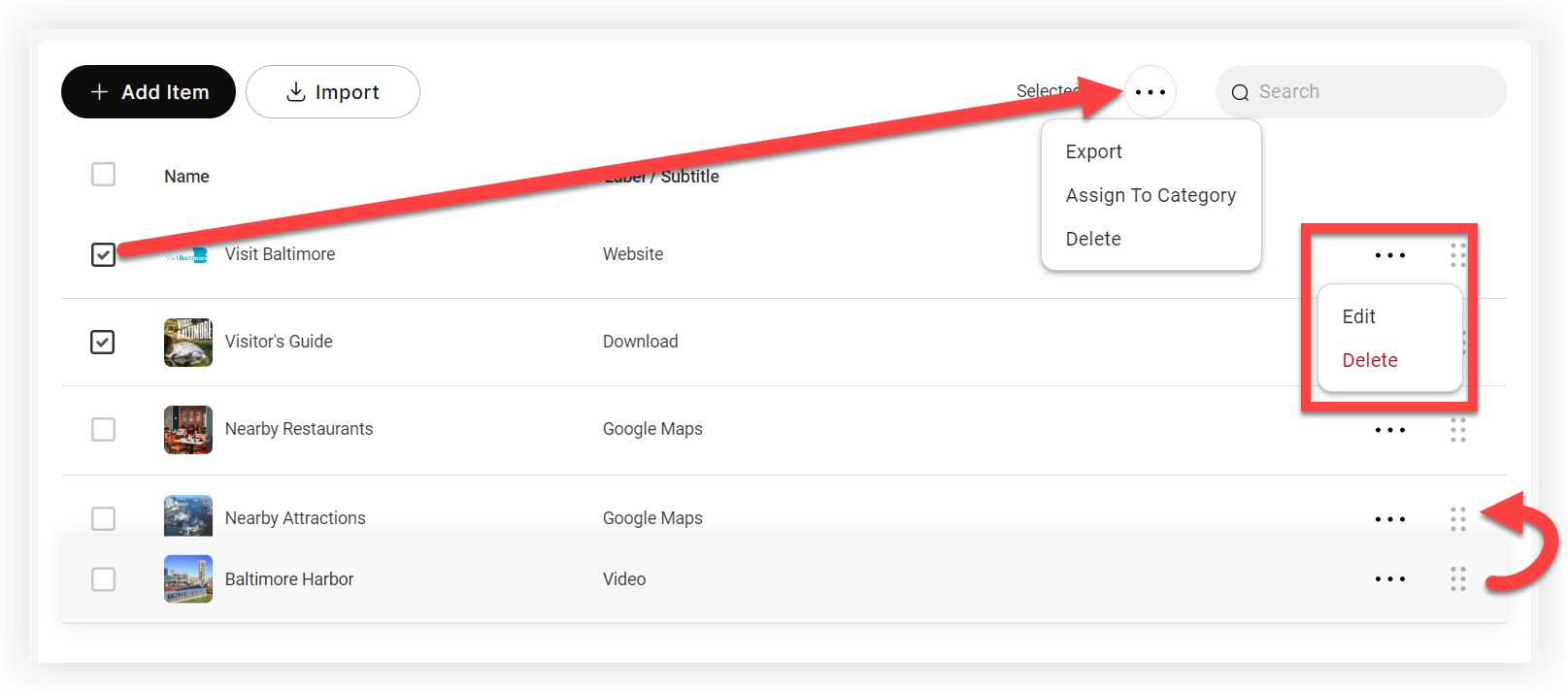 The multi-select settings menu, single item settings menu, and rearranging Web List items.