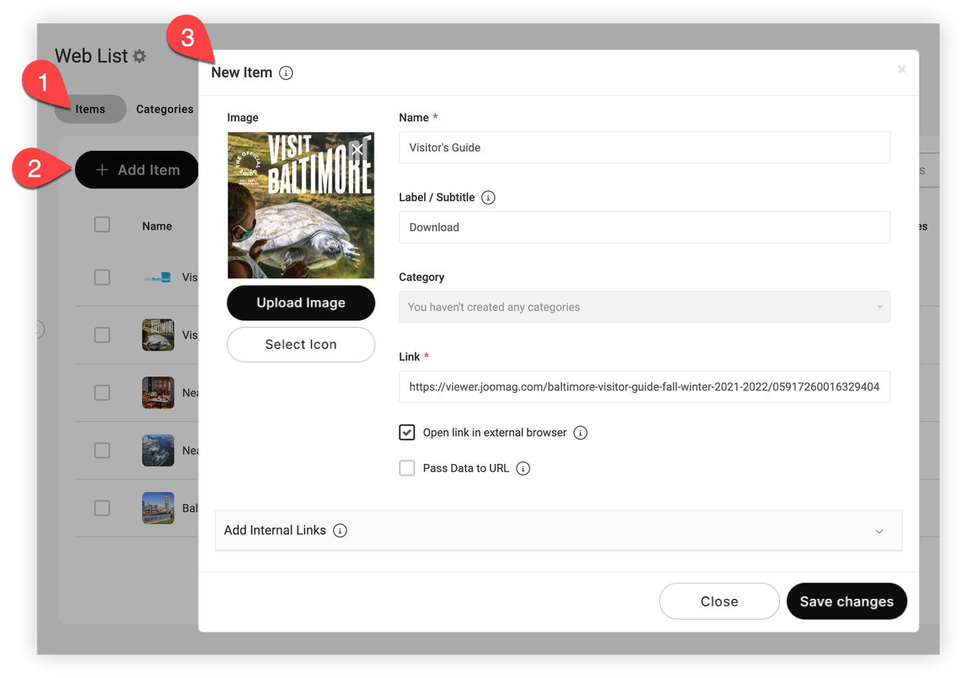 The 'New Item' modal for a Web List item.