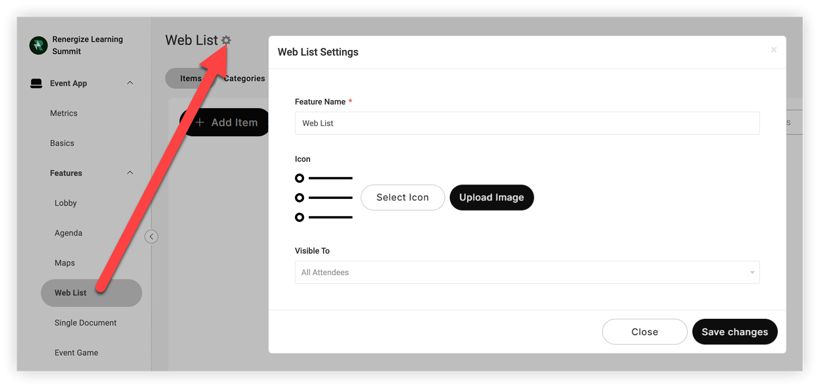The process just described and the Web List settings modal.