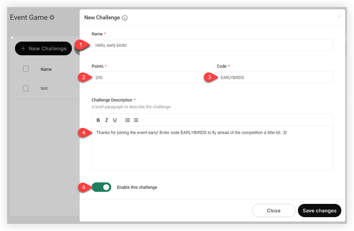The New Challenge modal. The items noted below this image are indicated by numbered arrows.