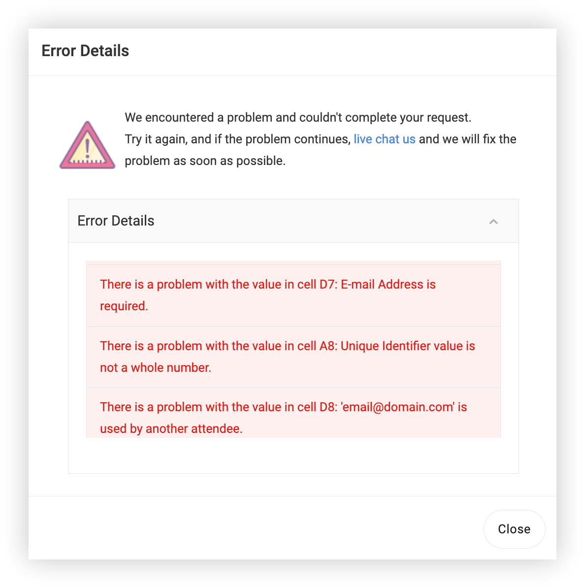 A list of errors in the Error Details modal.
