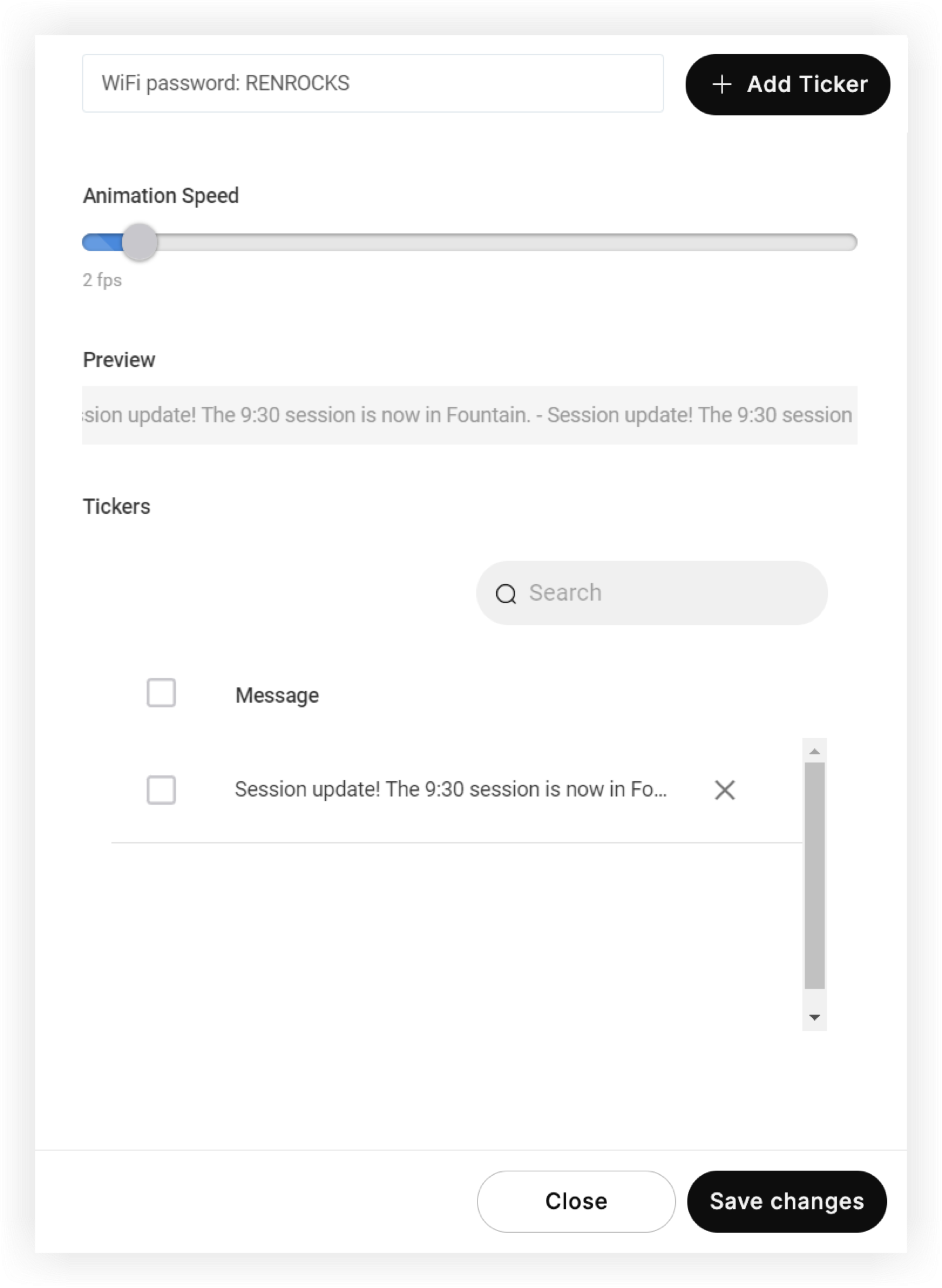 The Ticker Settings modal.