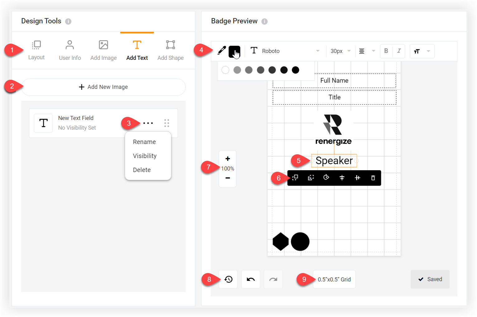 The Design Tools and Badge Preview areas. Numbered arrows that correspond to the text below are overlaid.
