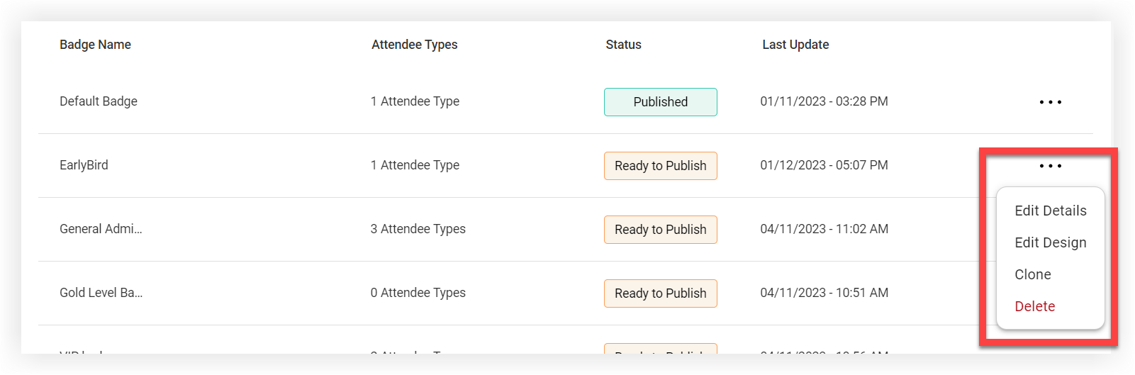The Badge page. The settings menu for a badge is expanded.