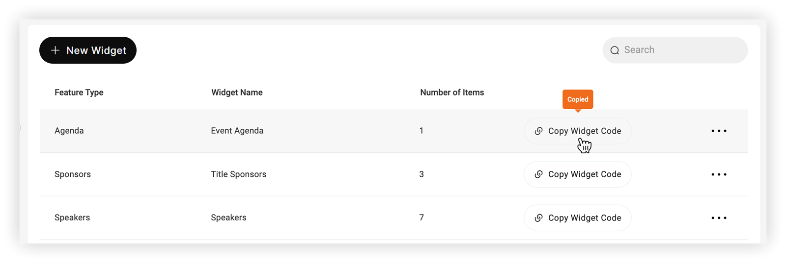 The Copy Widget Code button on the Widgets page.
