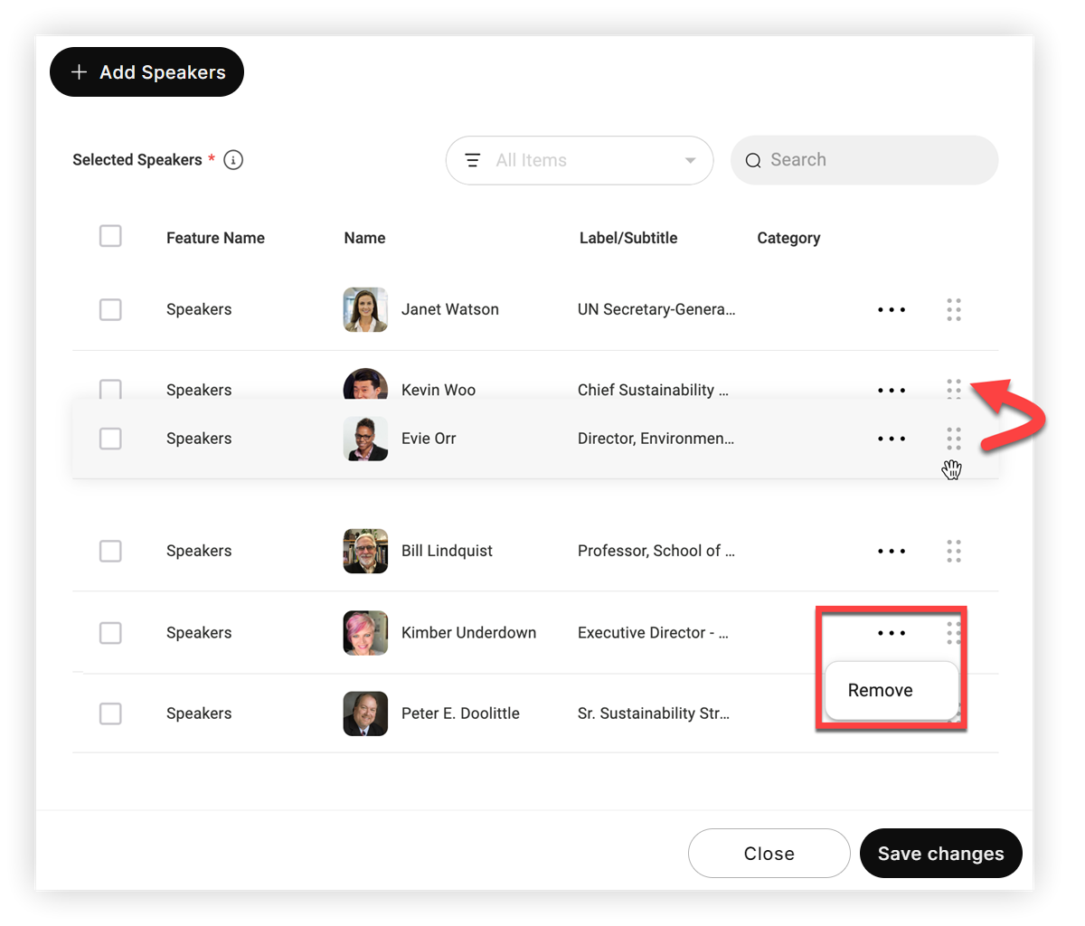 A user reorganizing two items. The settings menu for another item is expanded.