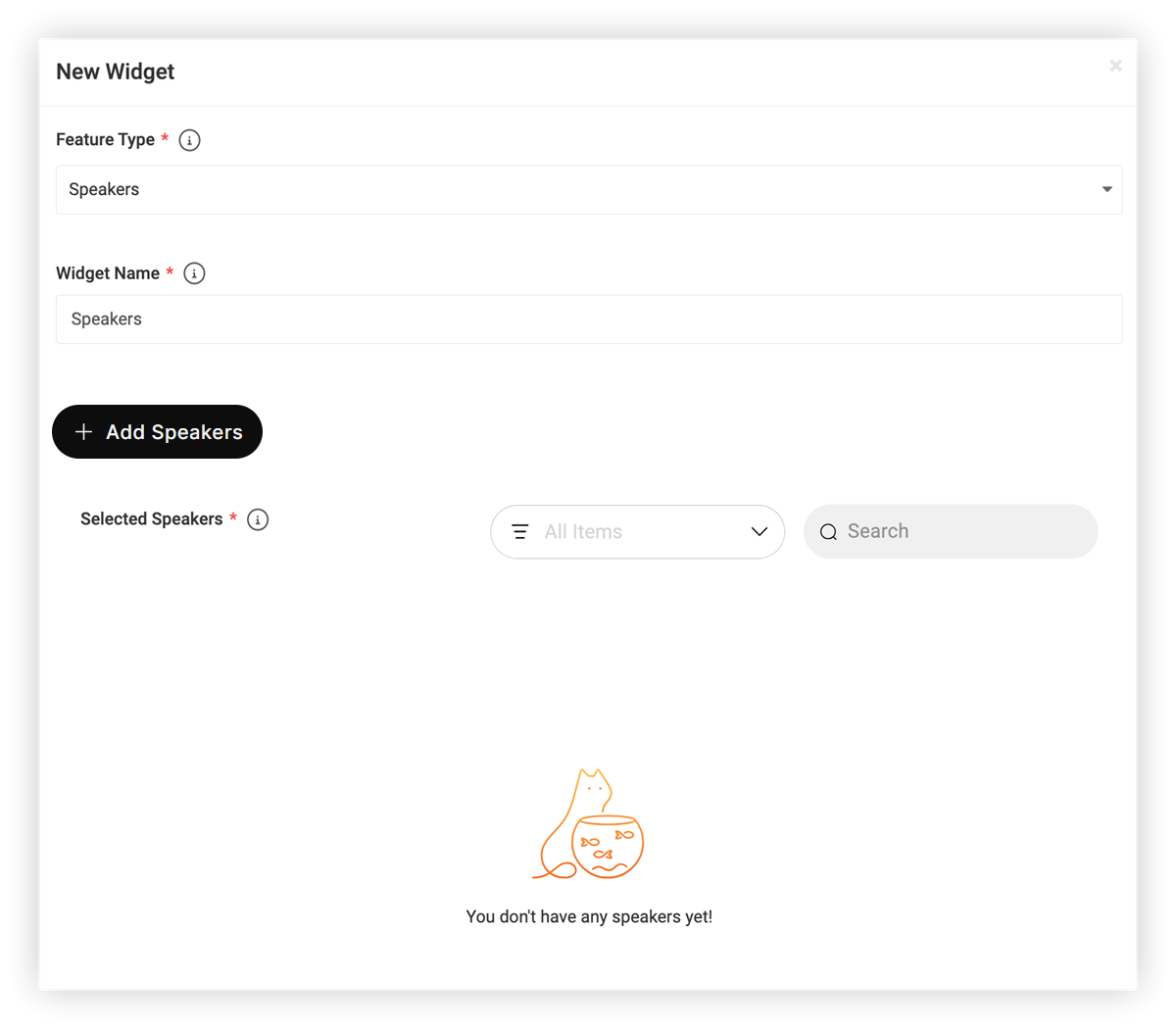 The New Widget modal. Speakers is selected as the feature type.