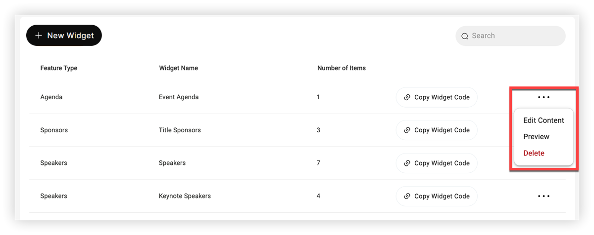 The Widgets page. A widget's Settings menu is expanded.