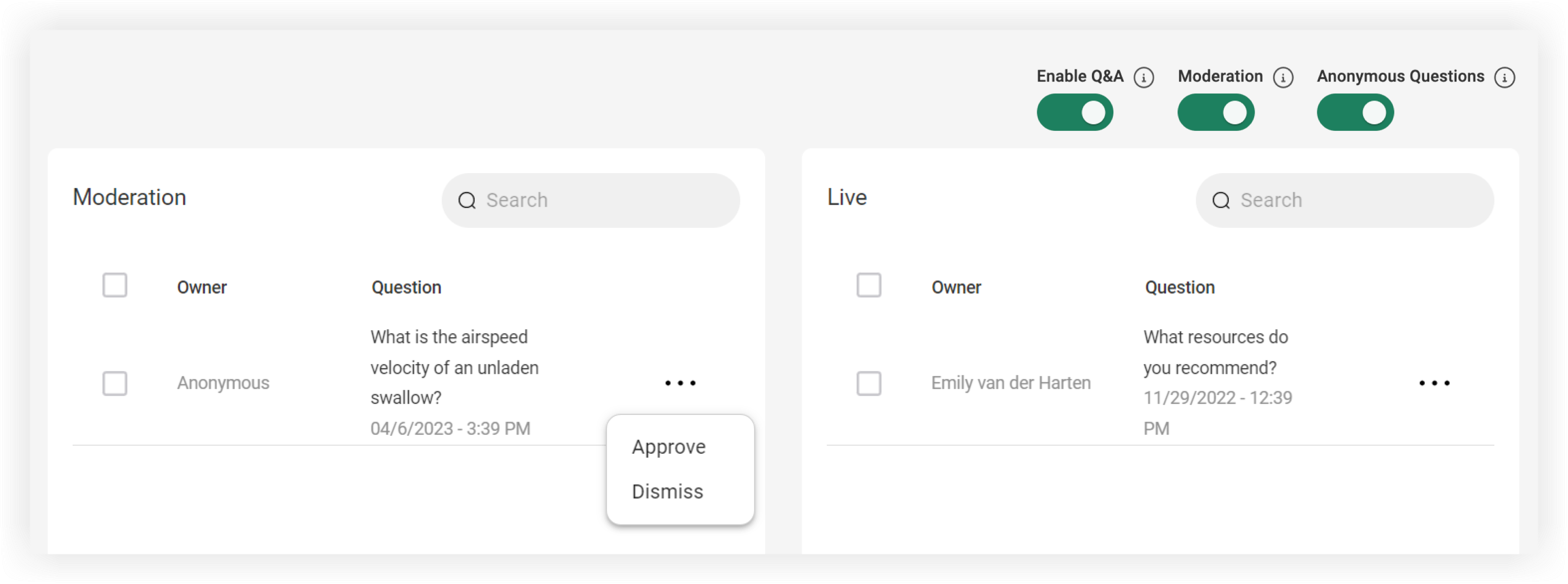 The Moderation and Live panels in the Webex Events platform.
