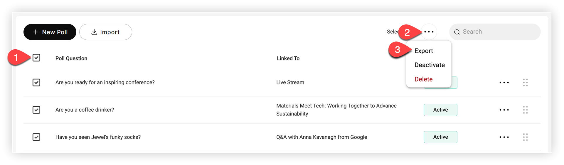 The Polling page. The Poll Question checkbox is selected and the three-dot menu is expanded