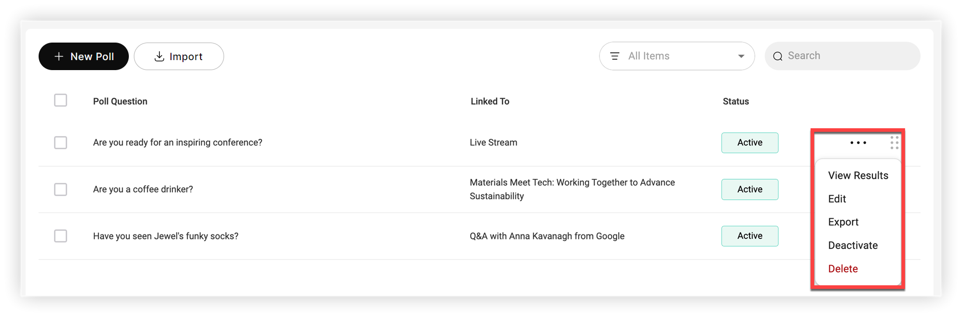 The Settings menu for a poll on the Polling tab.