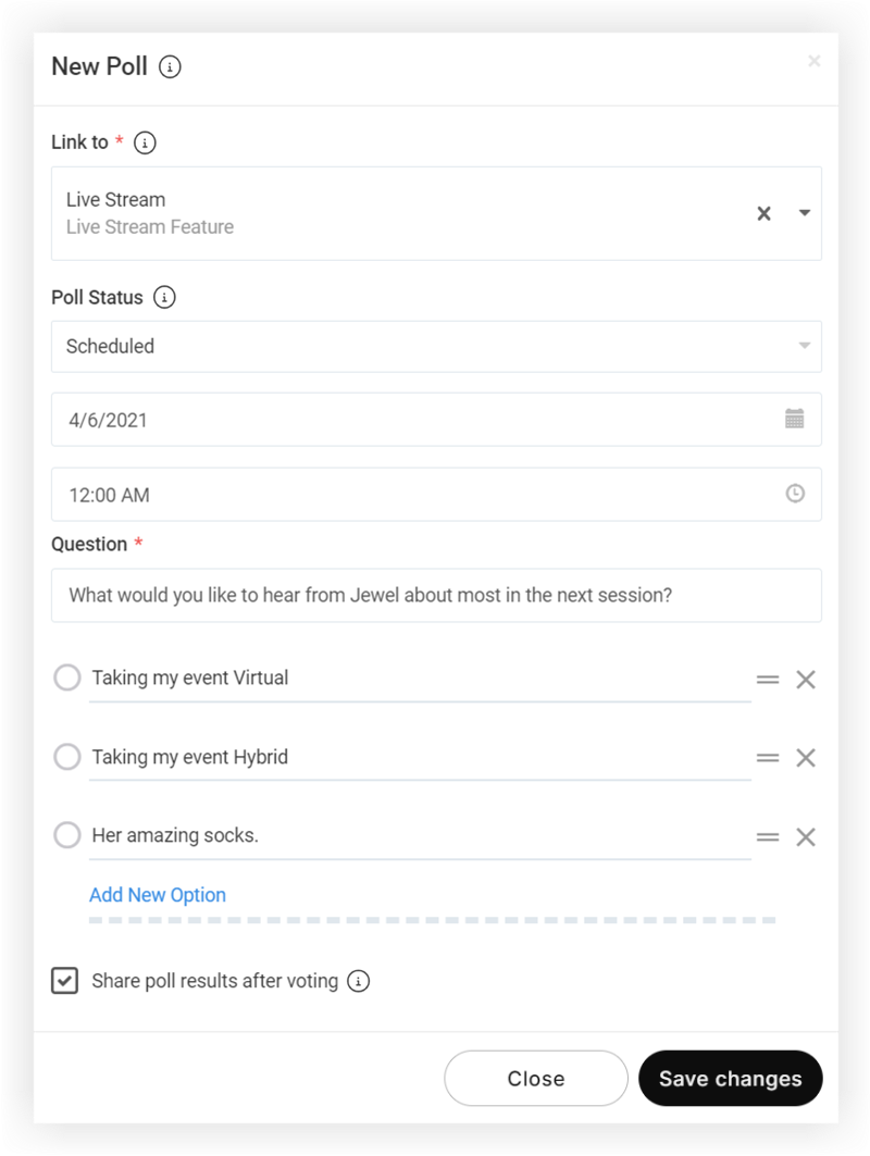 The New Poll modal with sample information.