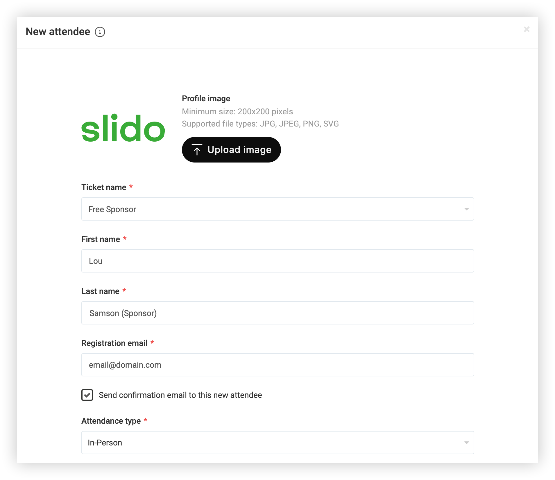 The New attendee modal in the Webex Events platform. The image is the Slido logo, and the last name field says (Sponsor) after the person's last name.