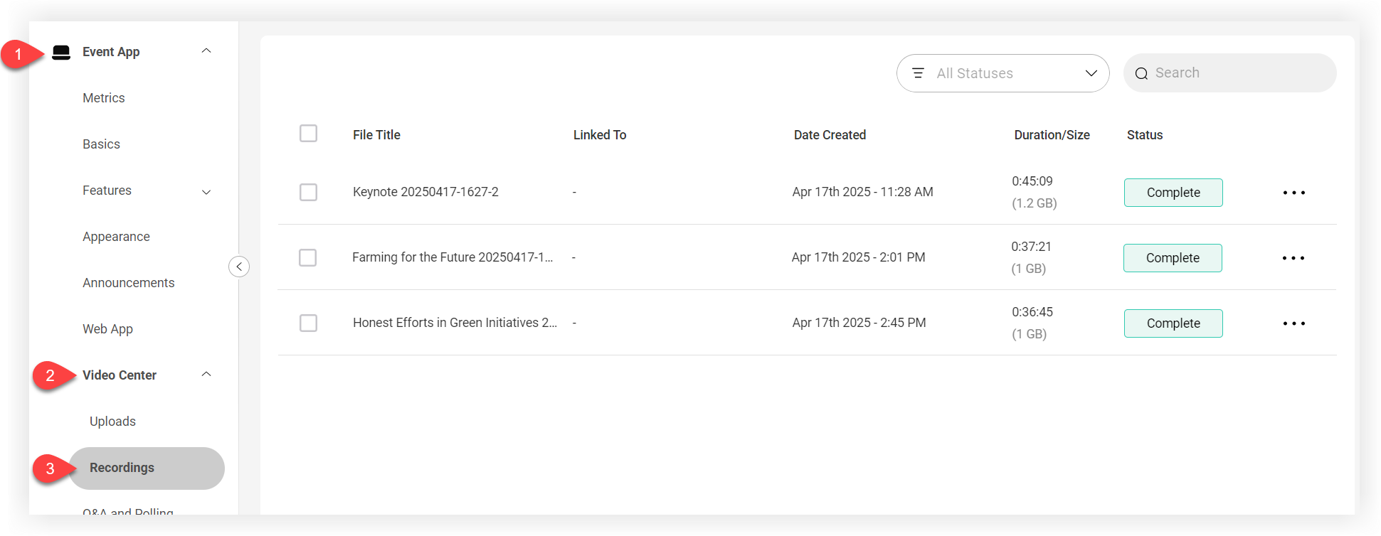 The Video Center recordings tab.