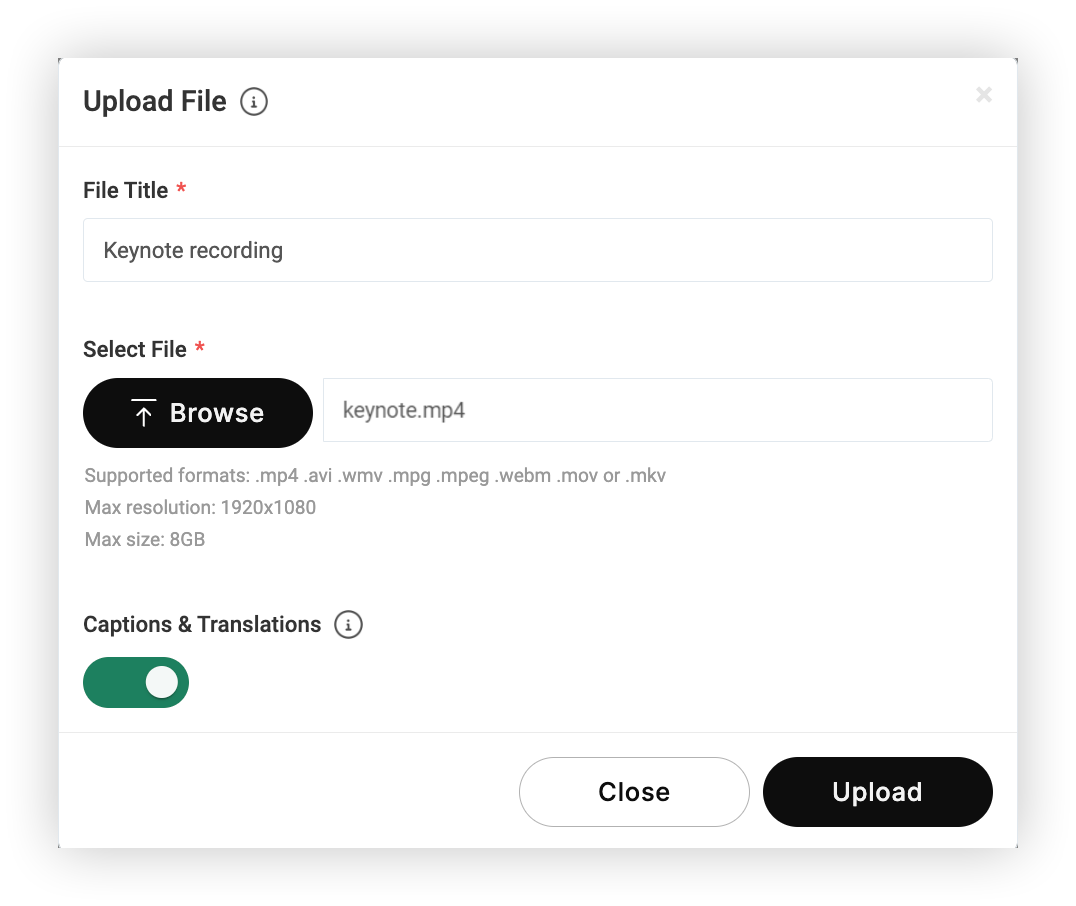The Upload File modal.