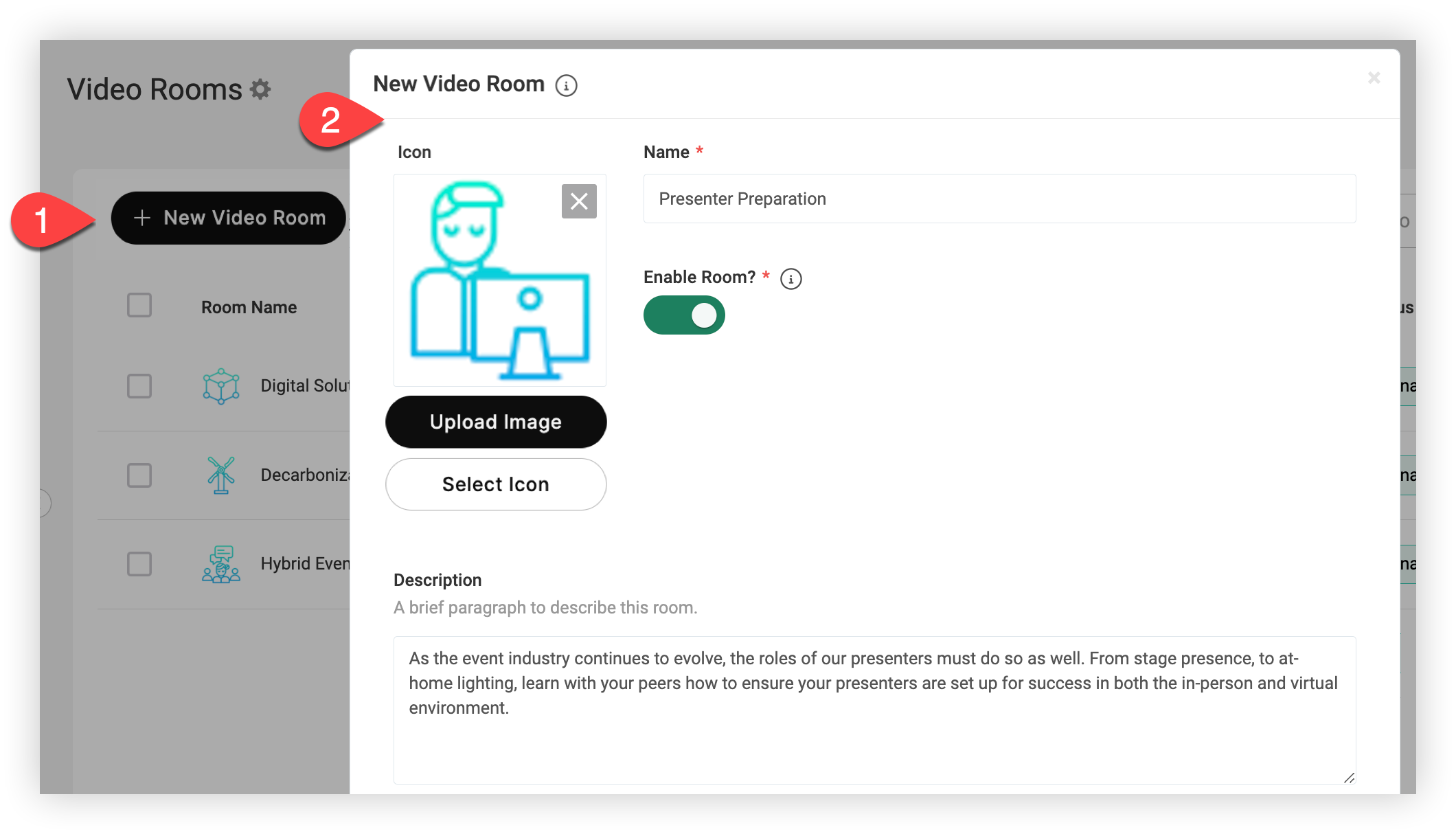 The New Video Room modal. The New video room button is indicated in the background.