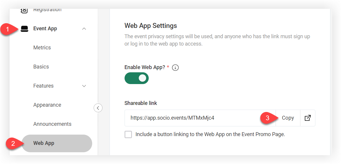 The Copy button to copy the web version URL.