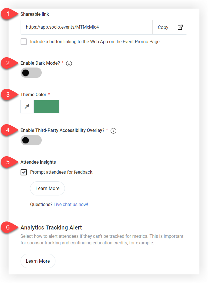 The Web App page with numbered indicators corresponding to the following sections of this article.