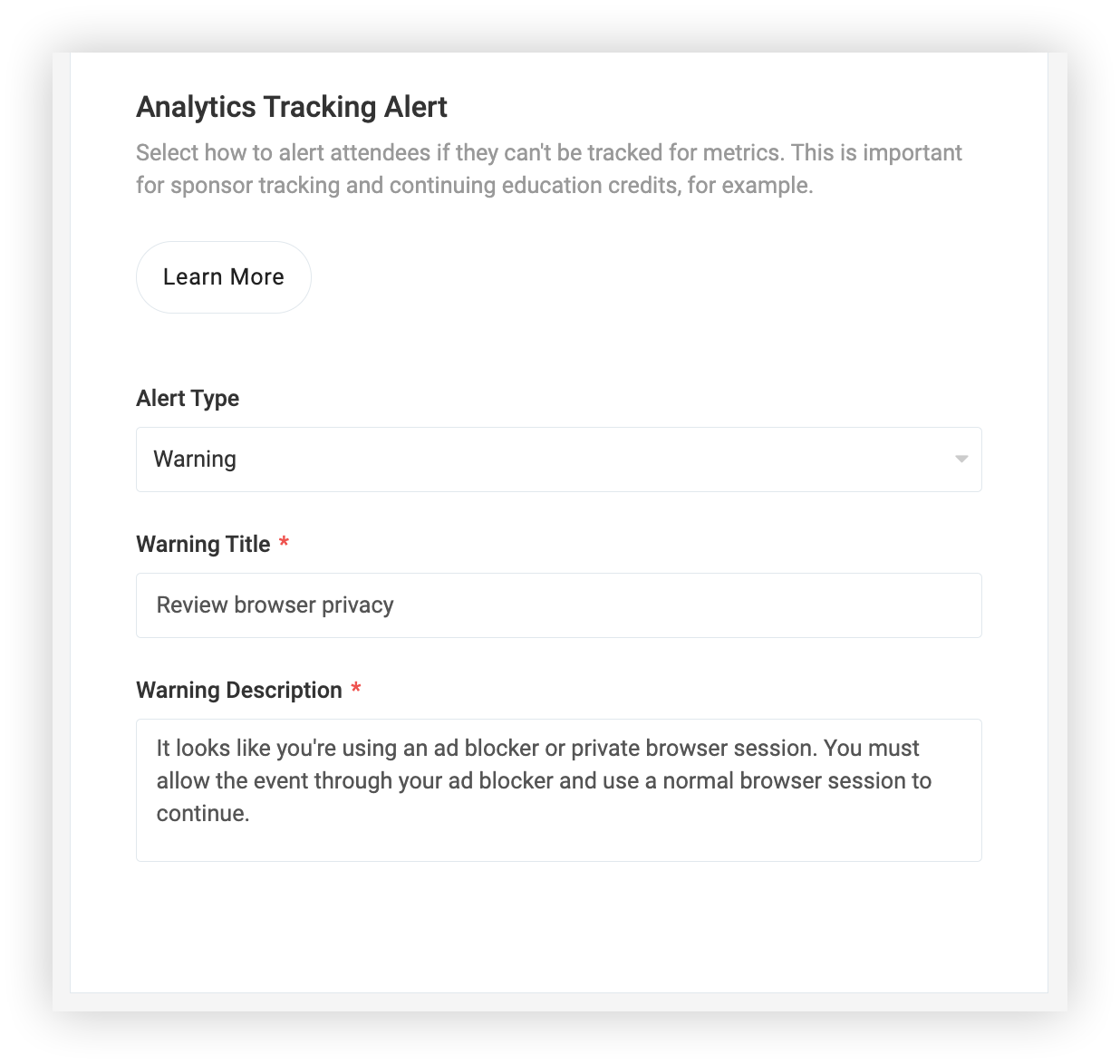 The Analytics Tracking Alert section of the Web App Settings page.
