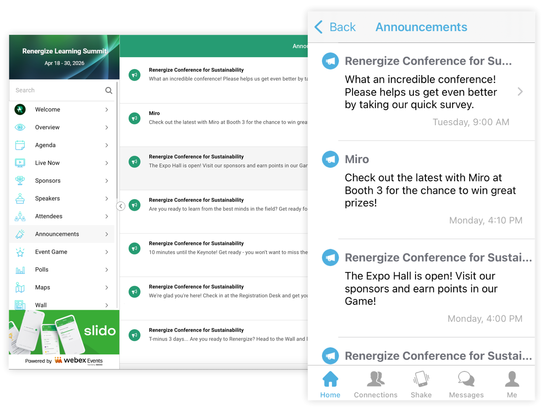 The Announcements feature in the Web App and a push notification on a mobile device.