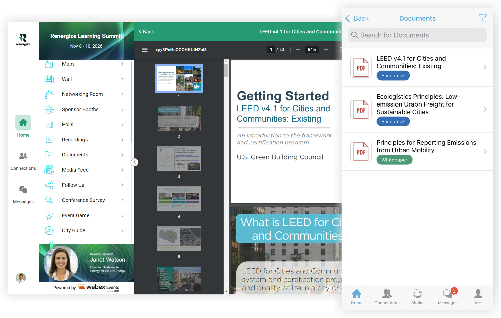 The Web App and Mobile App. The Web App has a PDF open in the event. The Mobile App shows a list of documents.