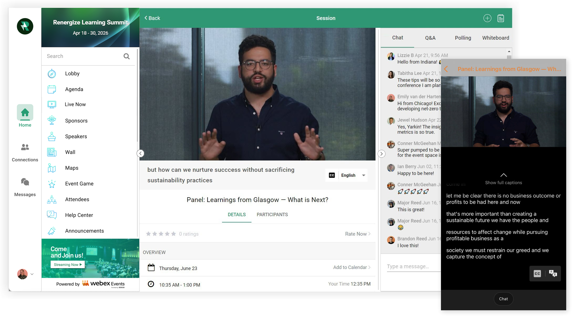 Webex Events Closed Captions and Translations on the Web App and Mobile App.