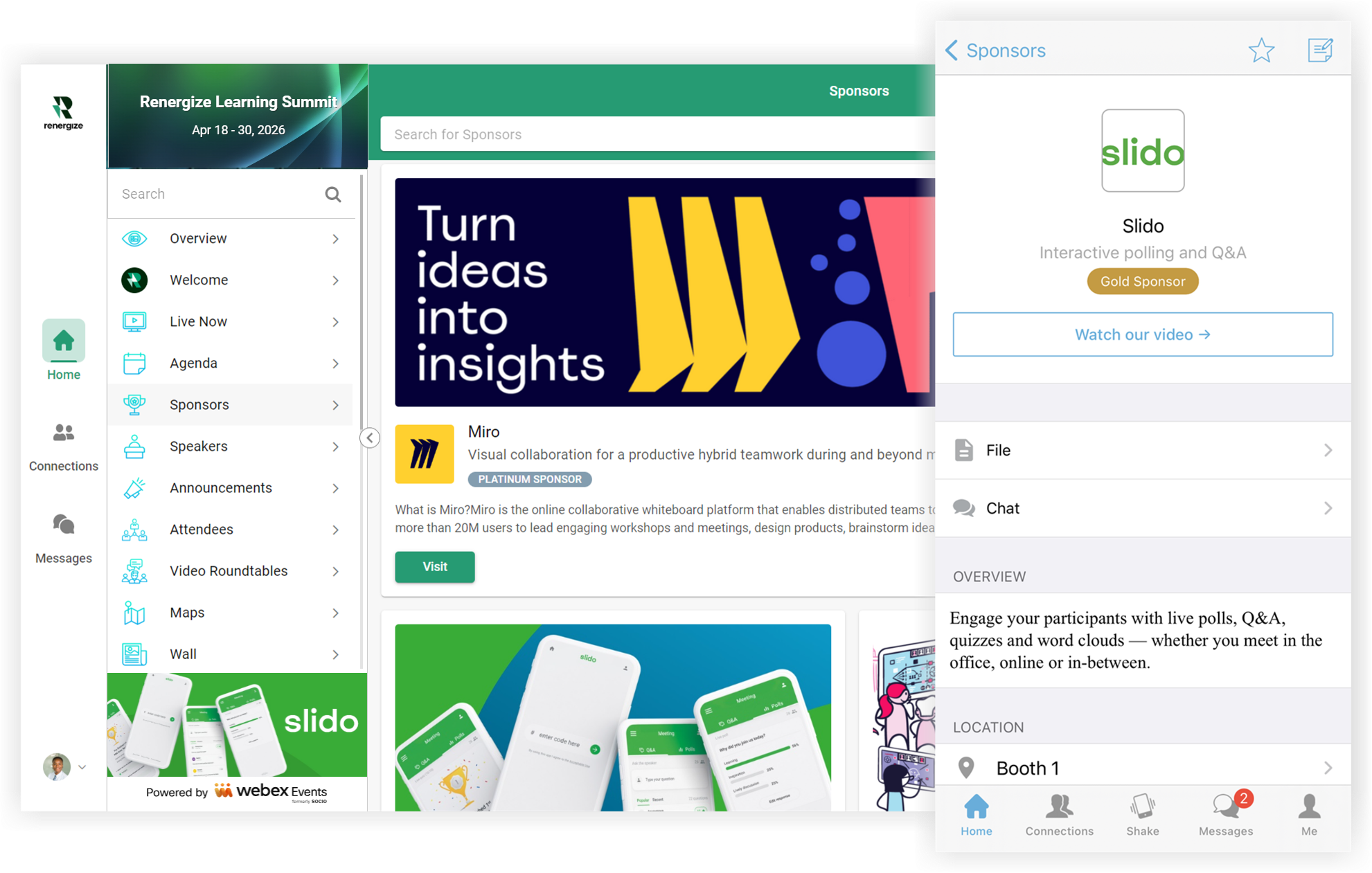 A Sponsor feature page on the Web App and a sponsor profile on the Mobile App.