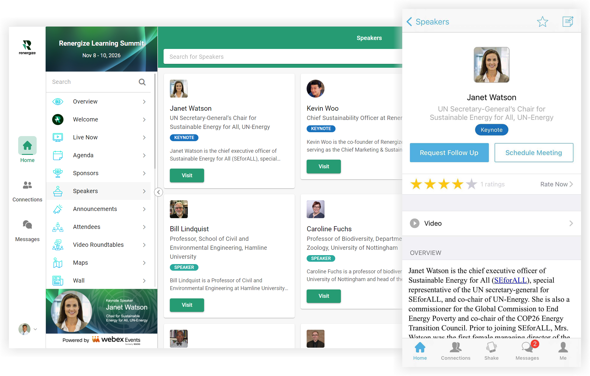 The Speakers feature on the Web App and a speaker profile on the Mobile App.