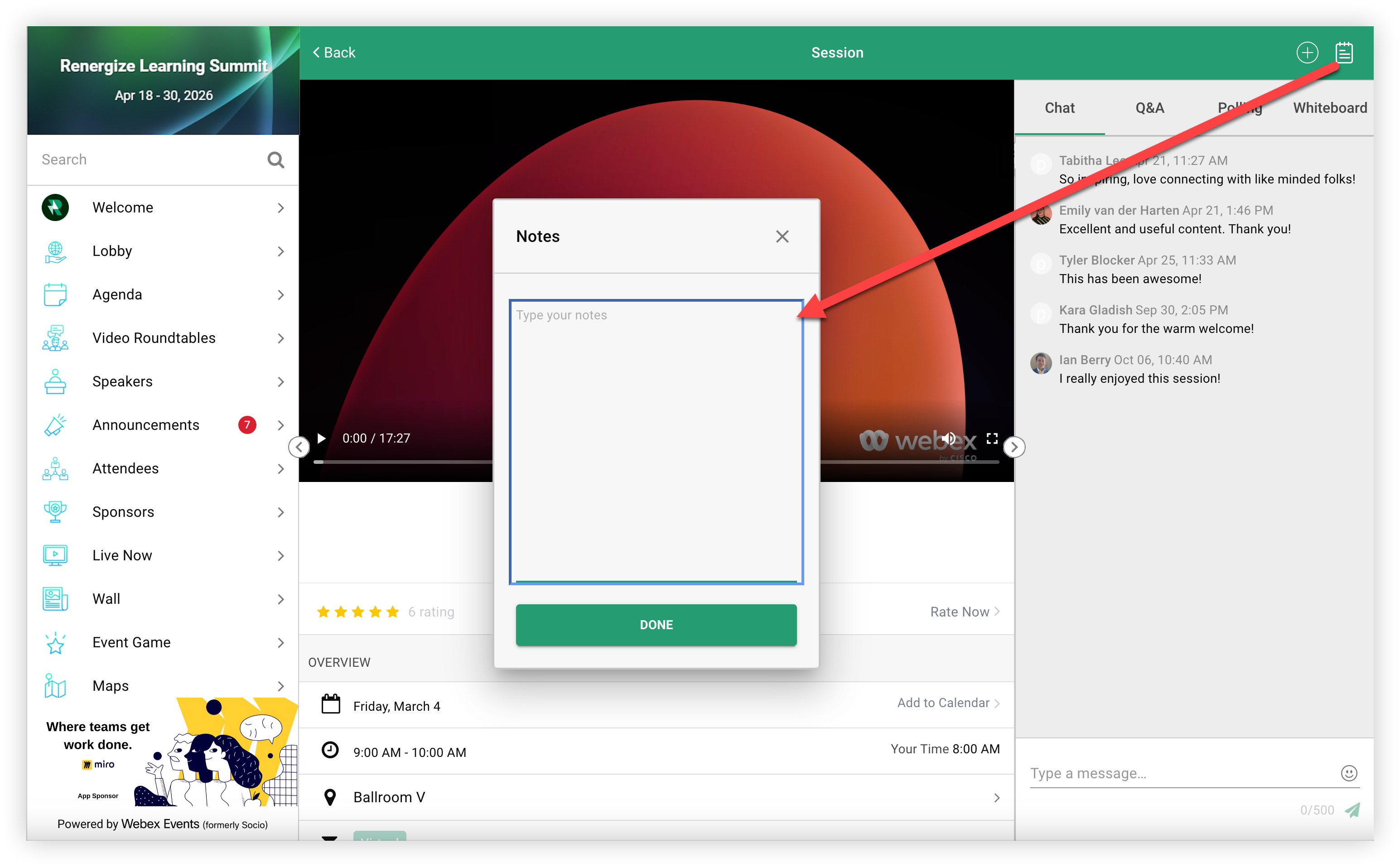 The Notebook icon and Notes modal on a Session in the Web App.