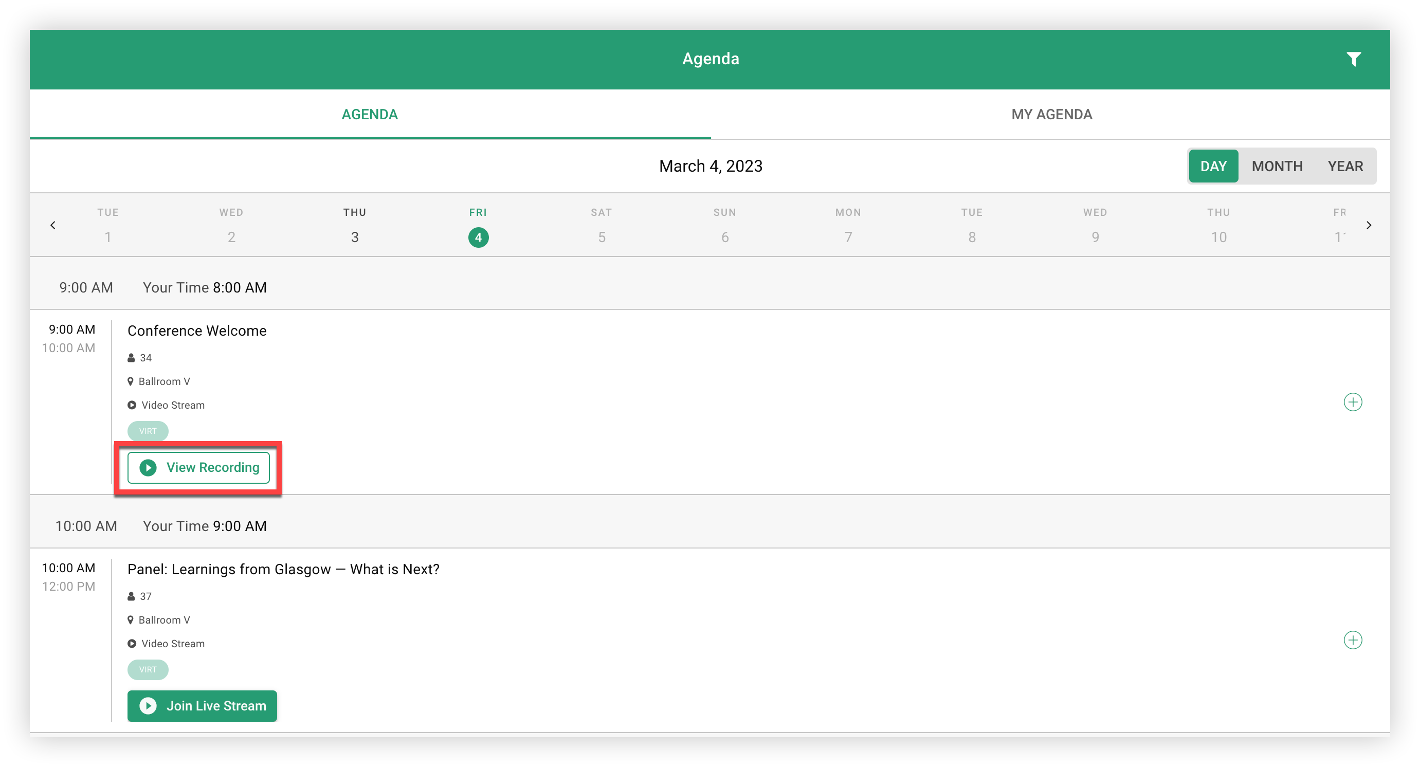 The 'View Recording' button for an Agenda Session on the Event App's web version..