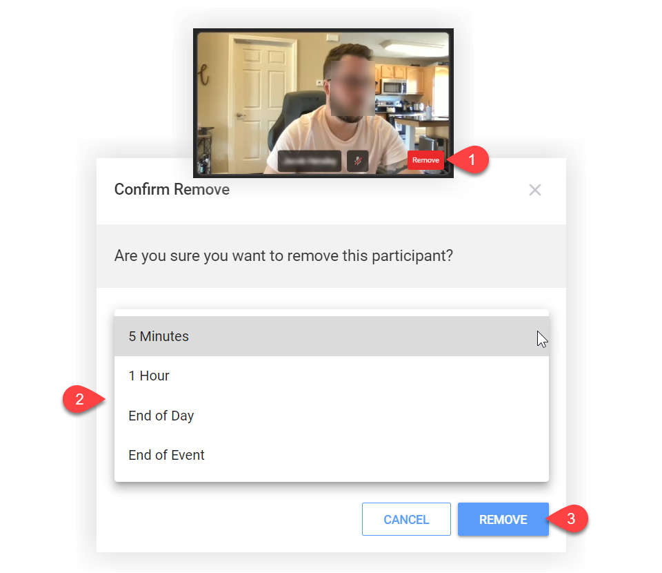 The Remove button on a video panel and the Confirm Remove modal.