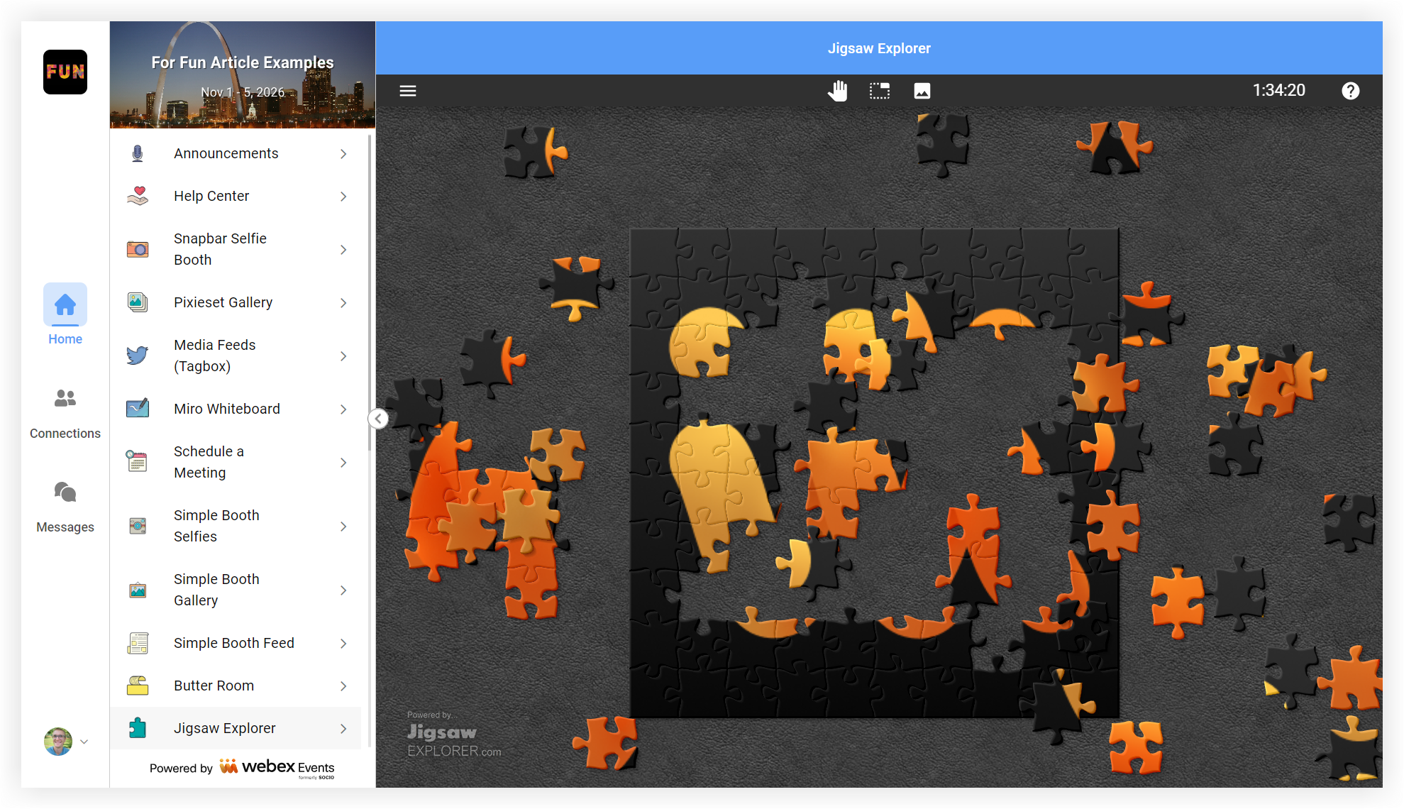A custom Jigsaw Explorer puzzle of the Webex Events logo embedded in the Event App.