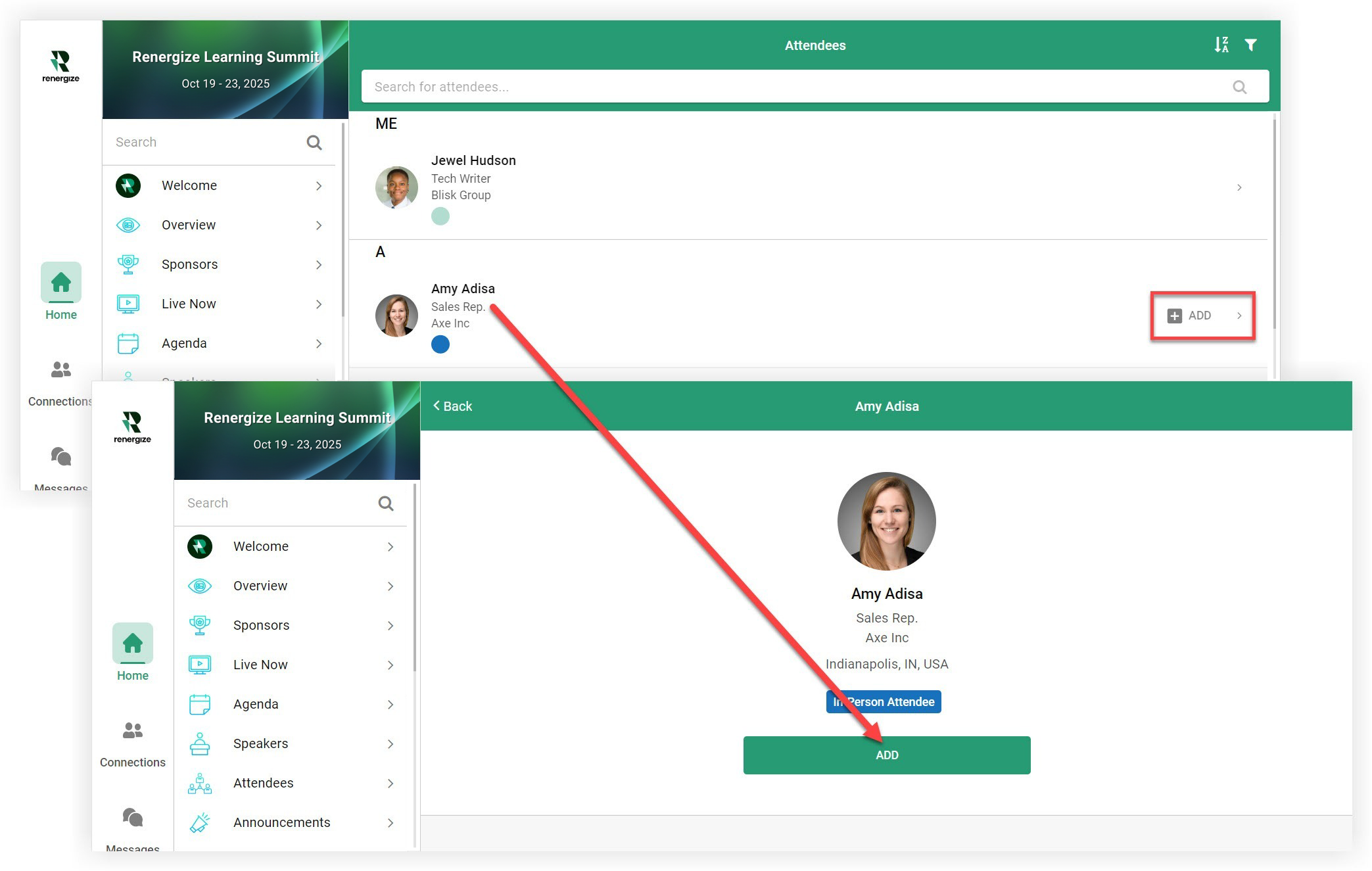 An Attendee's profile before connecting. It shows the attendee's name, profession, company, and the Contact button.