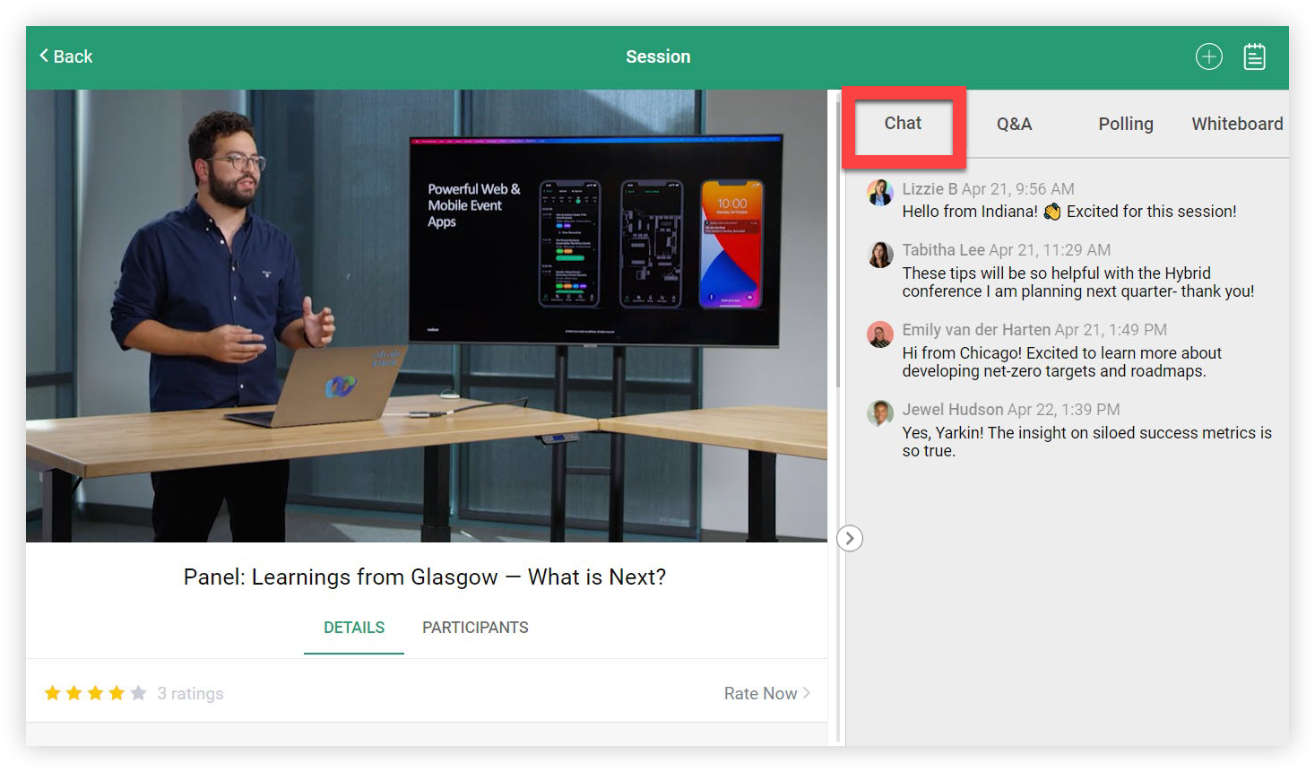 A live stream in an Agenda Session on the Web App. The Chat tab is open and indicated.