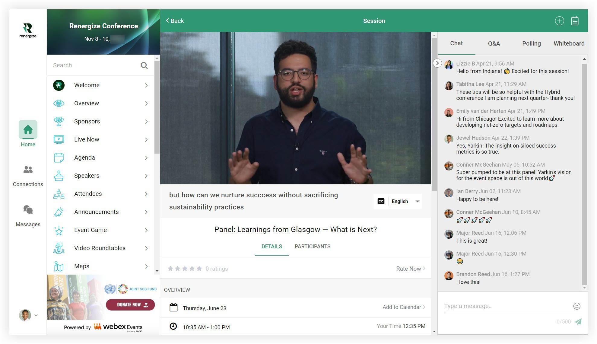 A live Stream with chat, Q&A, Polling, and a Whiteboard App in the side panel on the Web App.