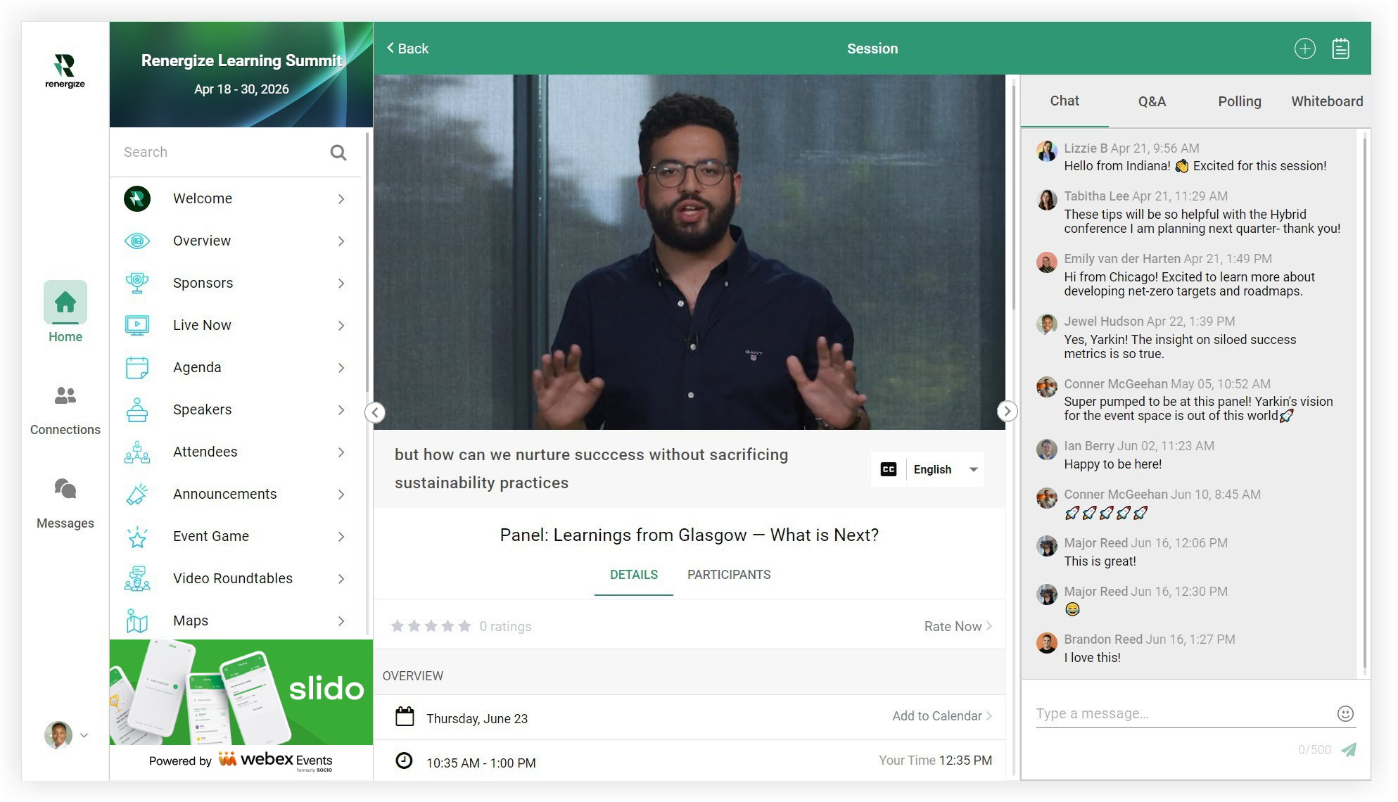 A live stream in an Agenda Session on the Web App.
