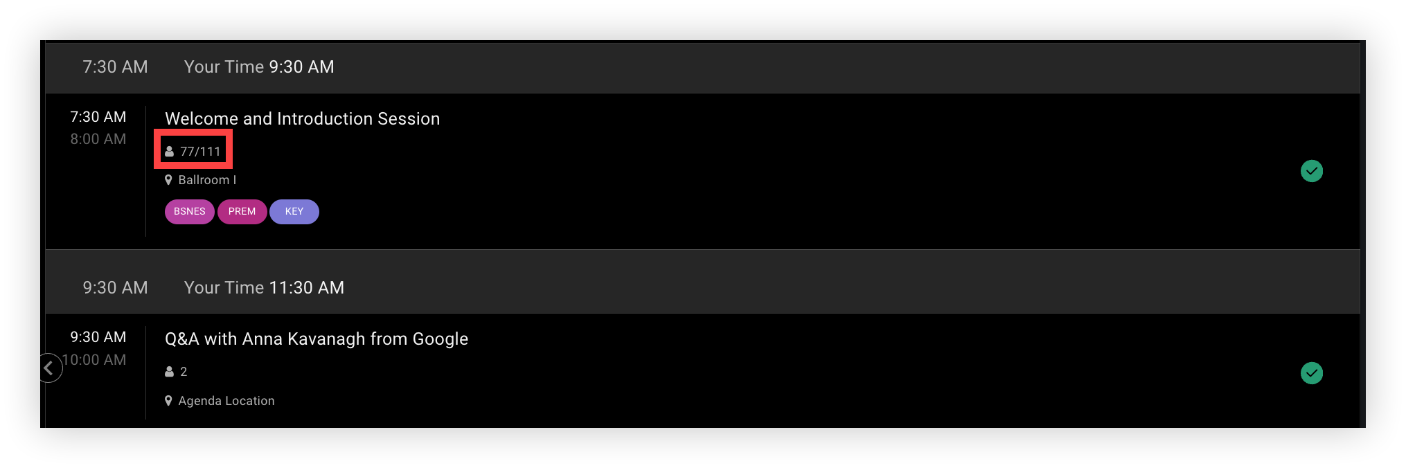 A session listed in the Web App. The current and maximum attendance numbers are indicated.