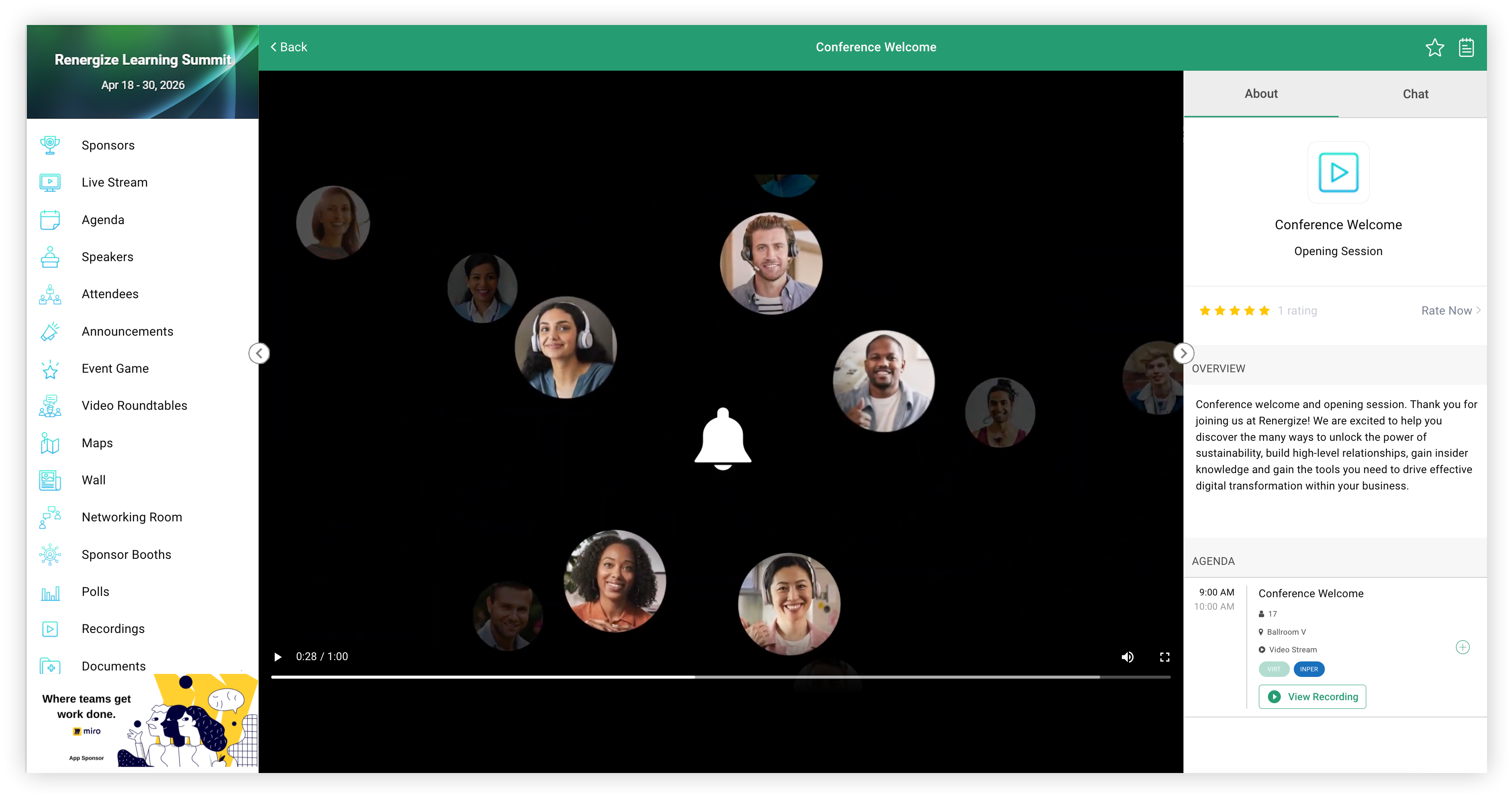 A Video on Demand recording playing in the Web App.