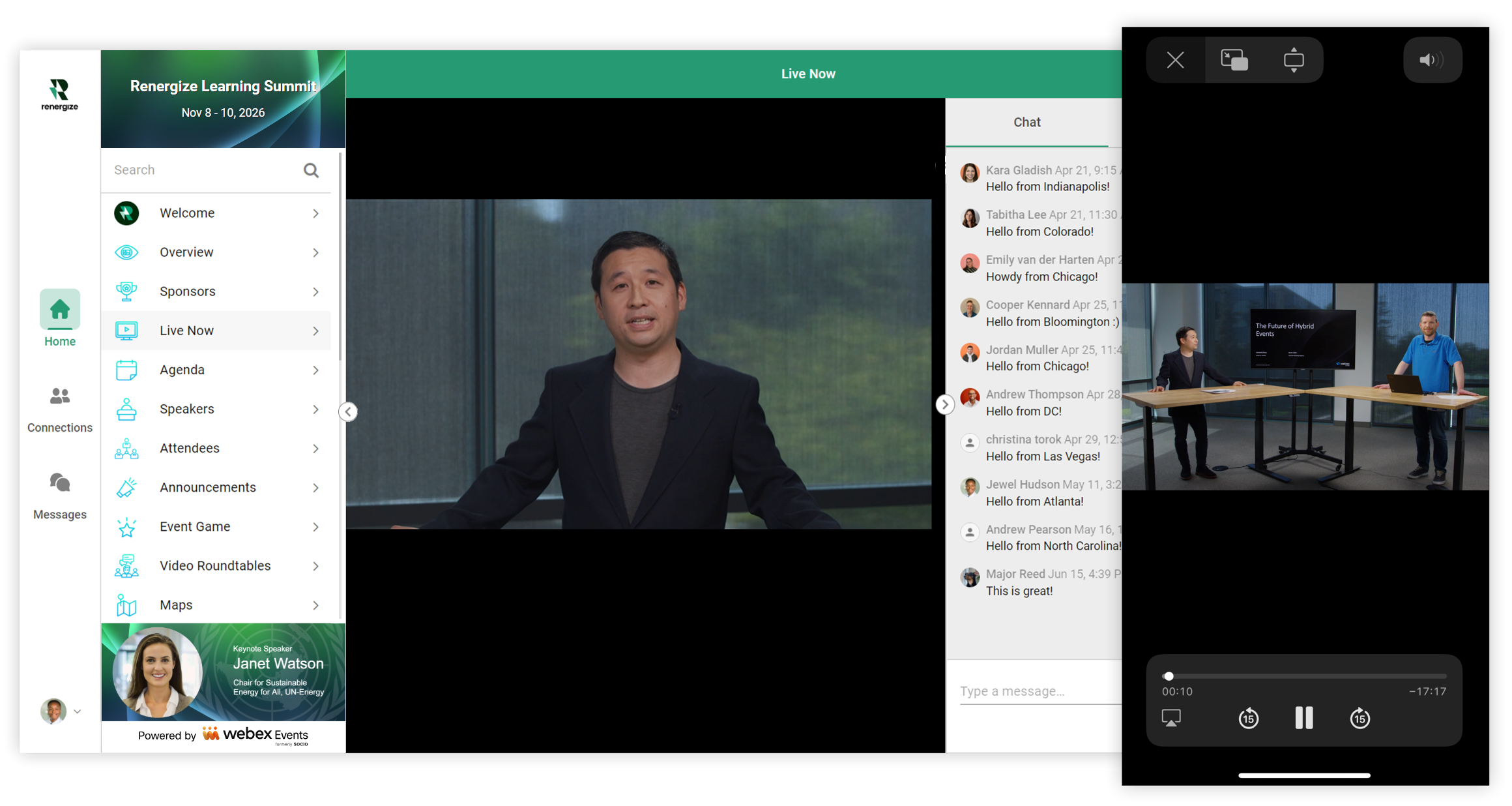 A Live Stream in a Web App. The side panel is open and the Chat tab is selected.