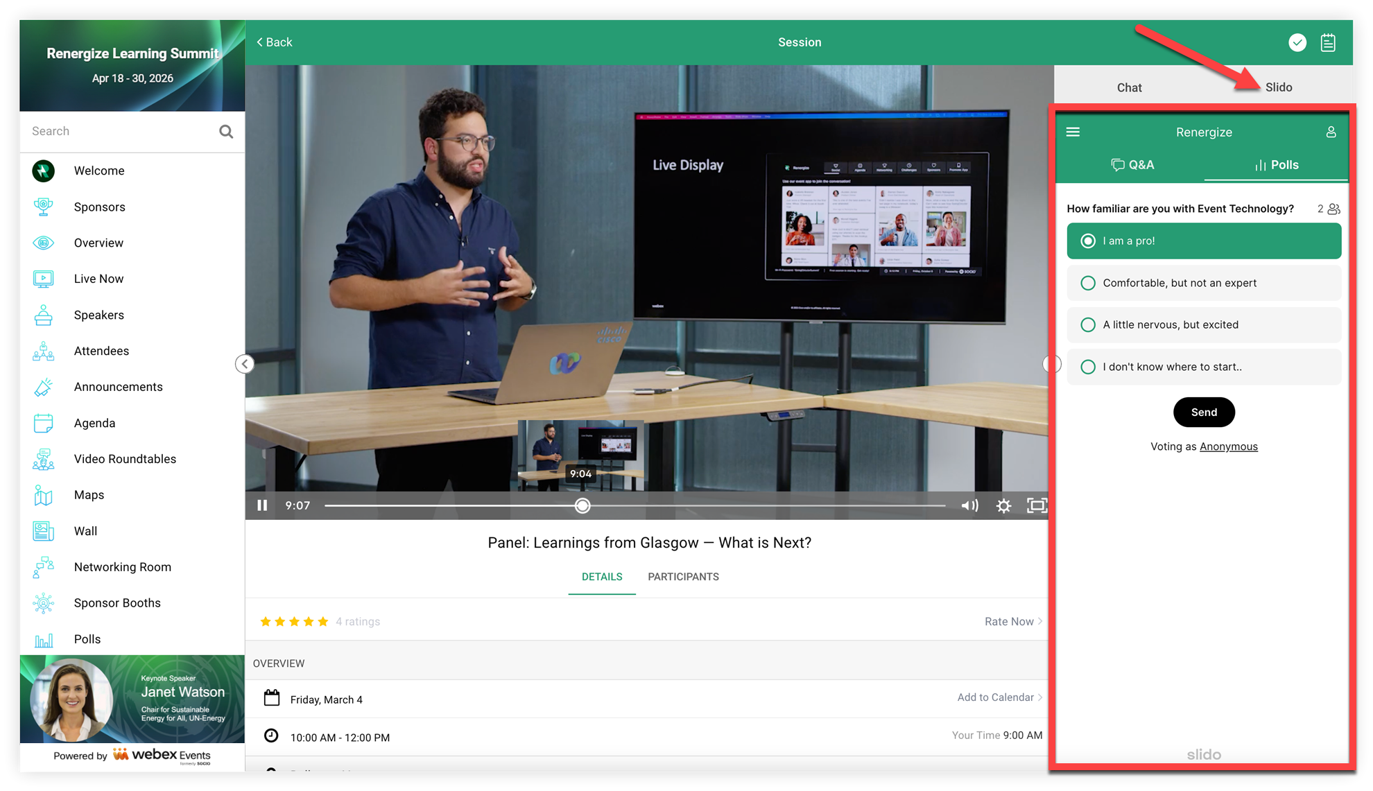 An Agenda Session with a custom tab embedded with a Slido poll.