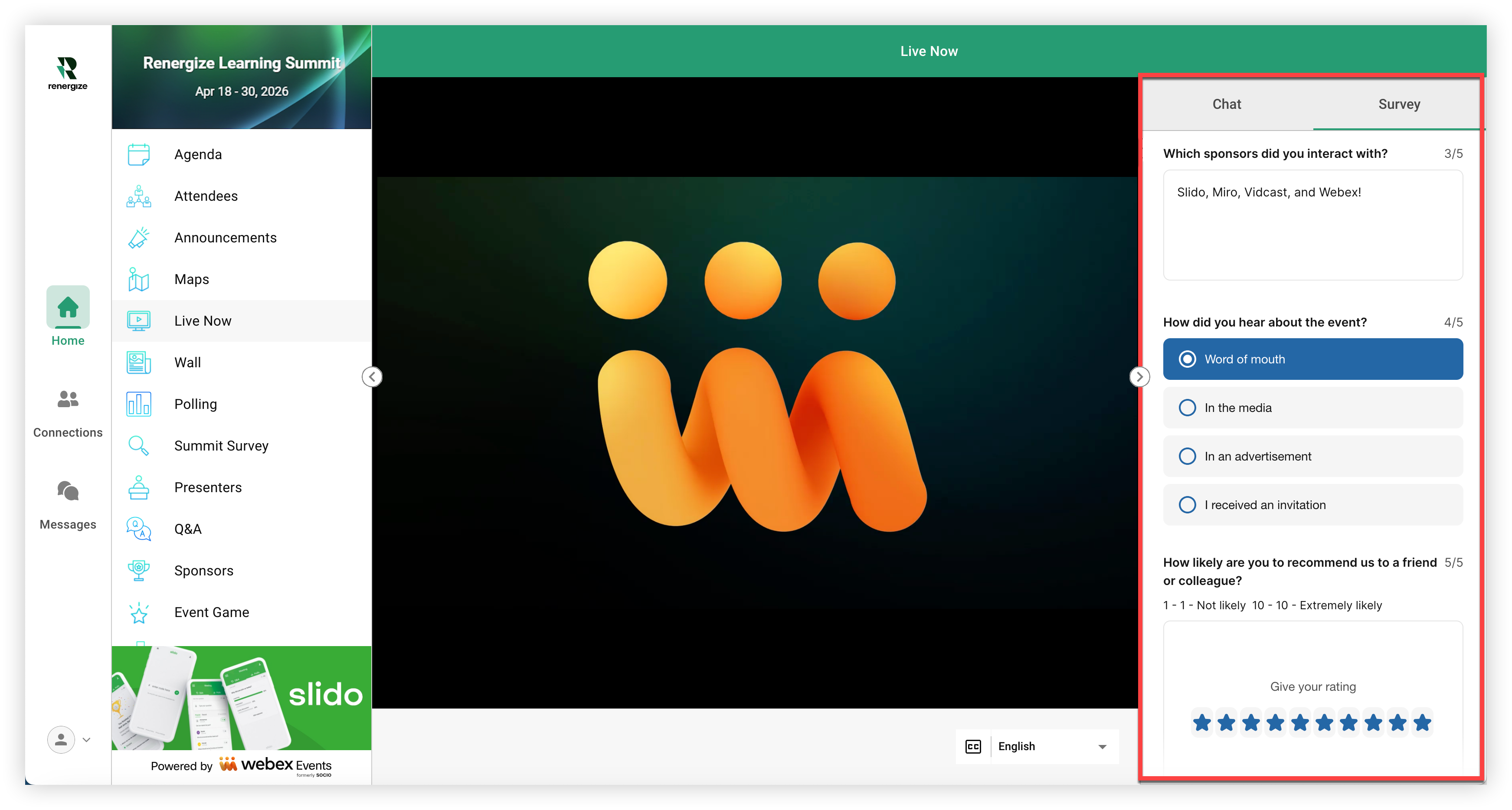 A Slido survey embedded as a Custom Tab in a Live Stream feature on the Web App.