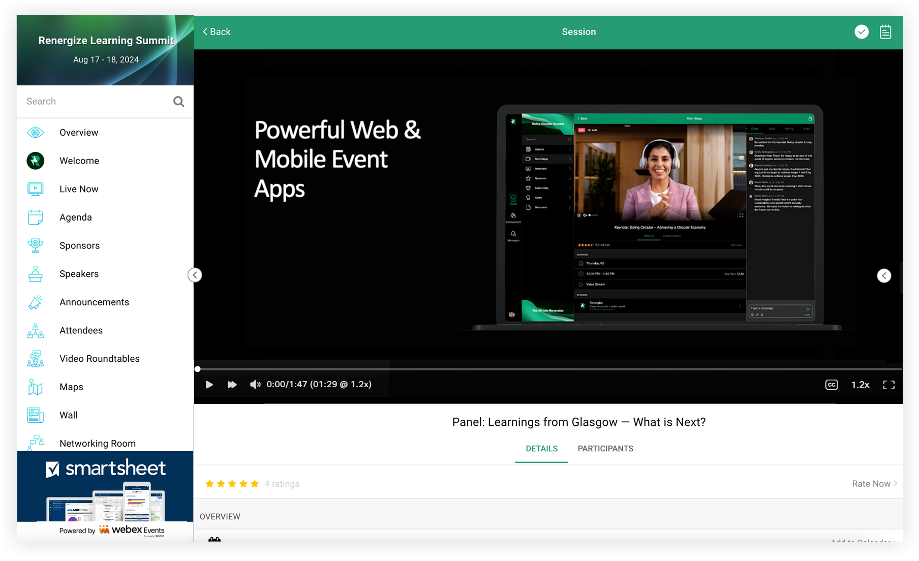 A Vidcast video embedded in an Agenda Session on the Web App.