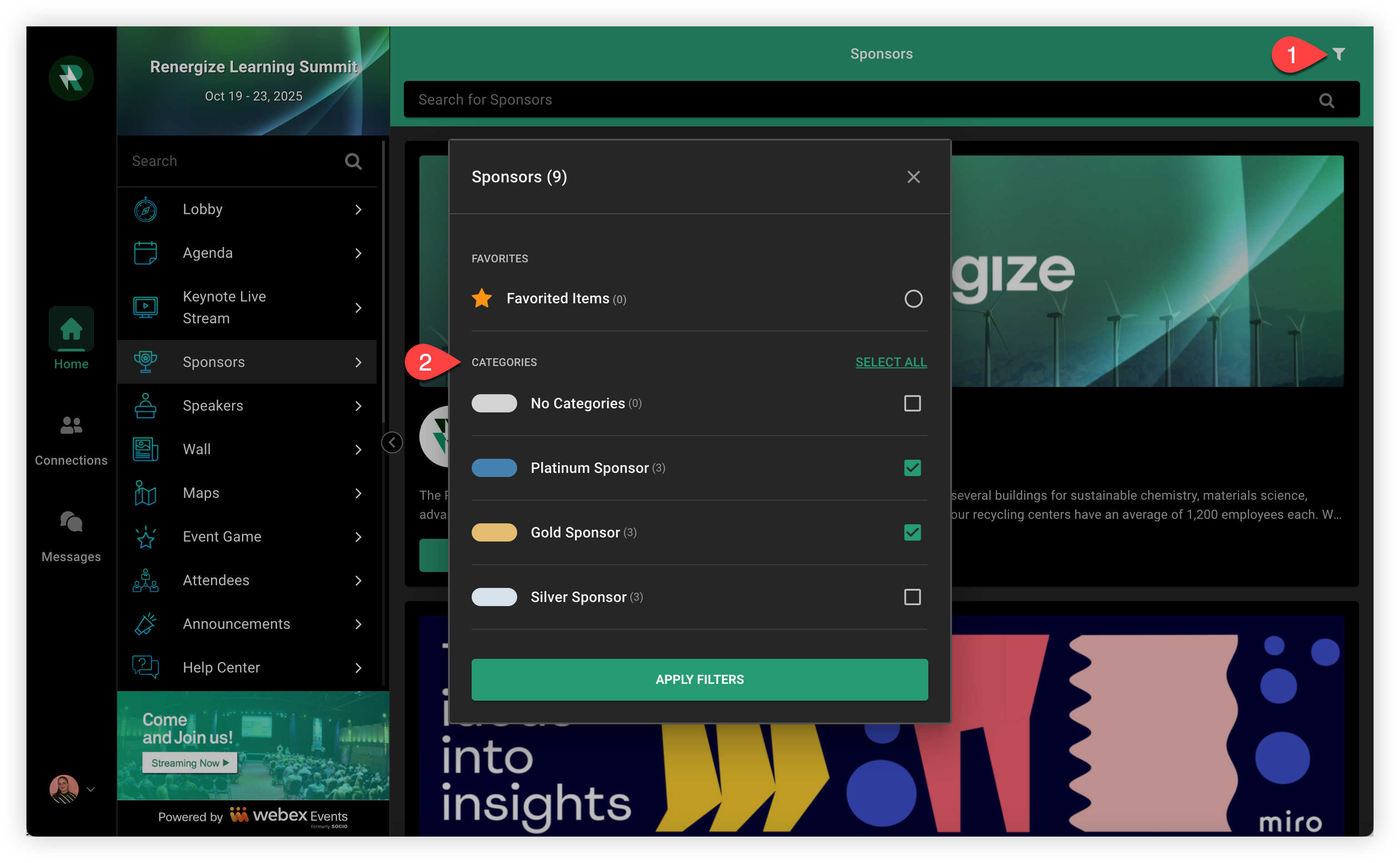 The categories filter pop-up in the Web App.