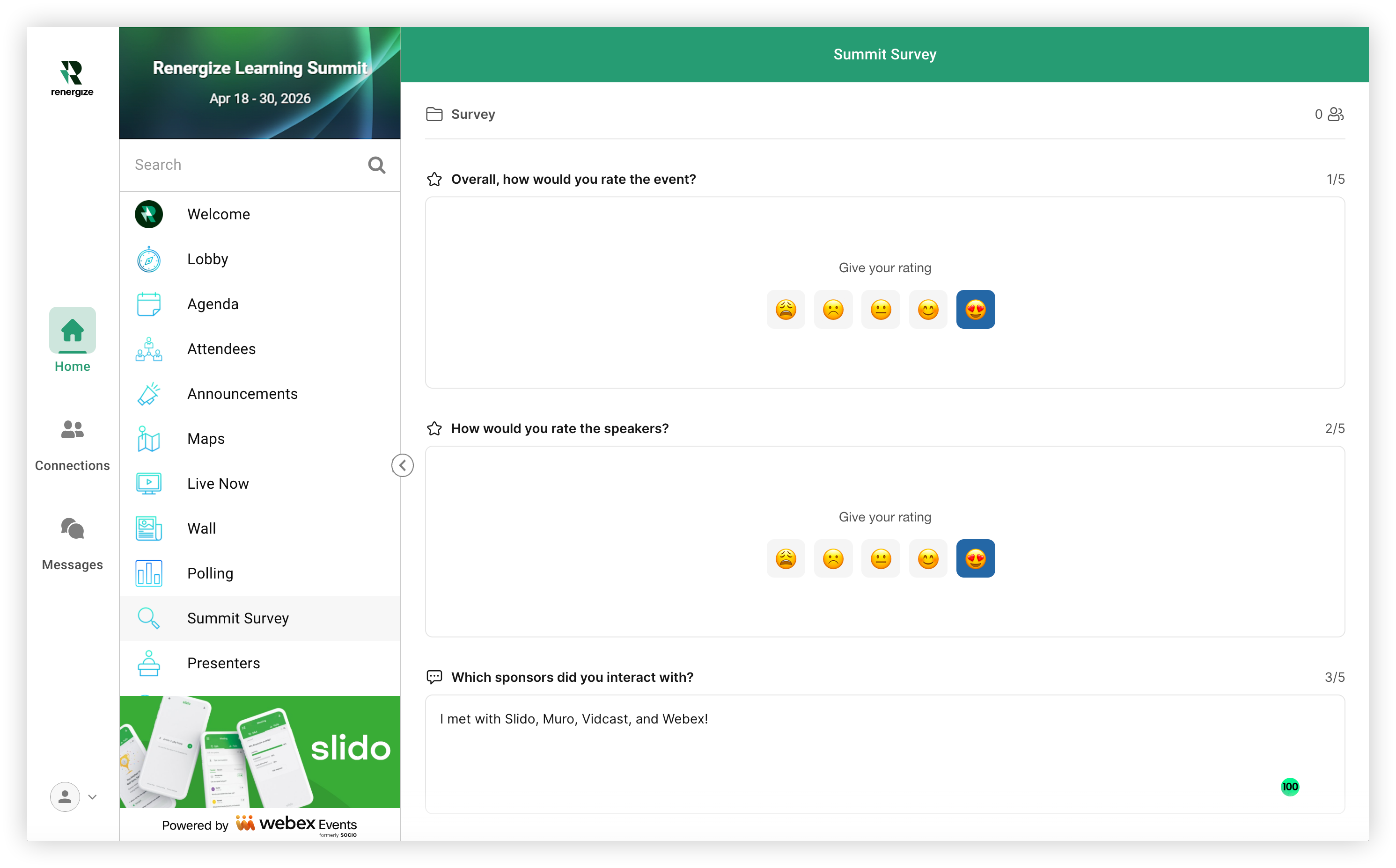 A Slido survey embedded as a Web Link feature in the Web App.