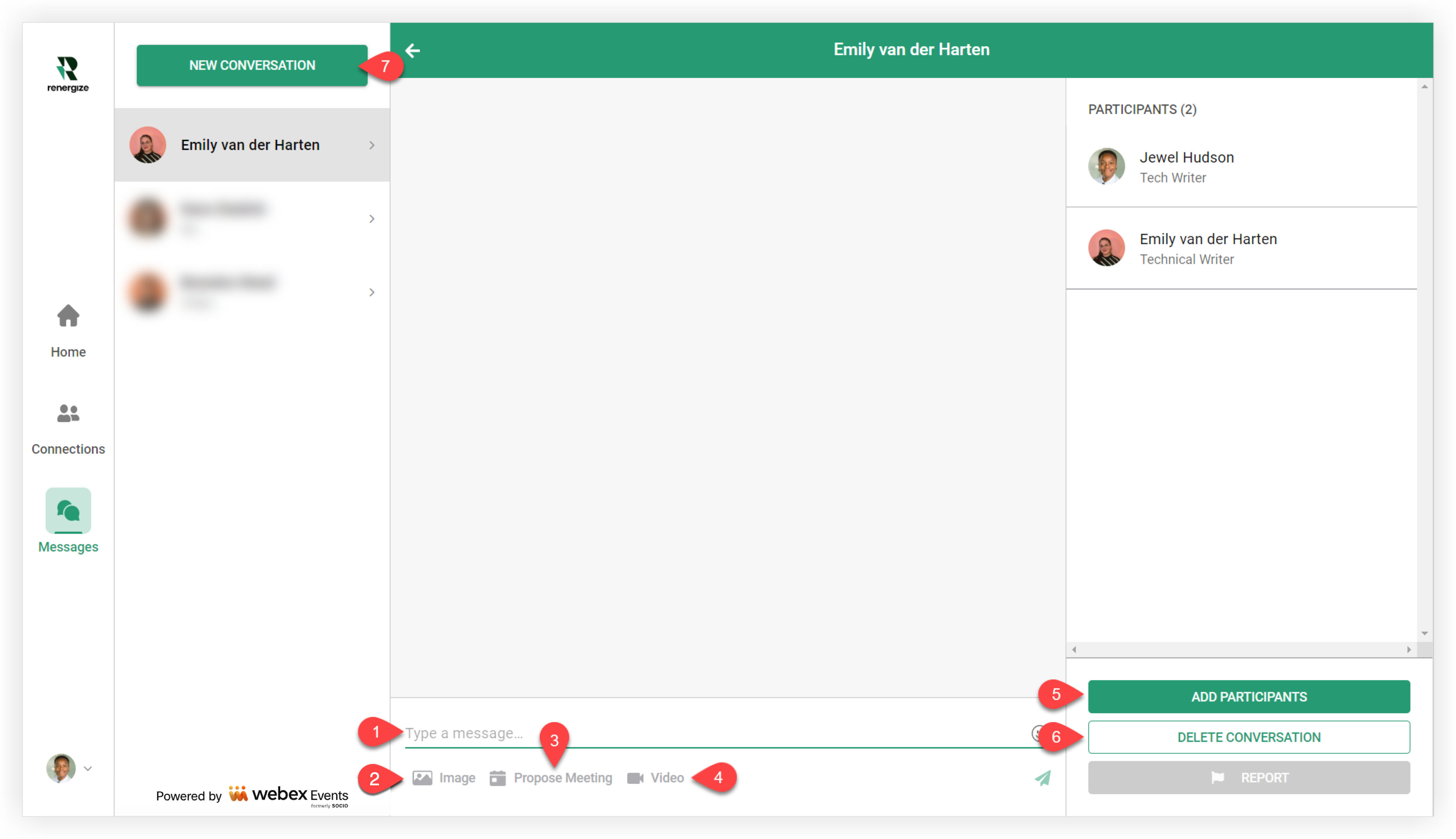 A new message with a connection in the Web App. Each of the areas described below are indicated by numbers 1 through 6.